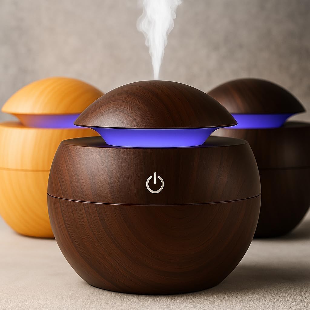Aroma Essential Oil Diffuser Humidifier, Wood Grain Design, USB Powered, LED Light Ring, 300ml Capacity, 3.9 x 5.2 in
