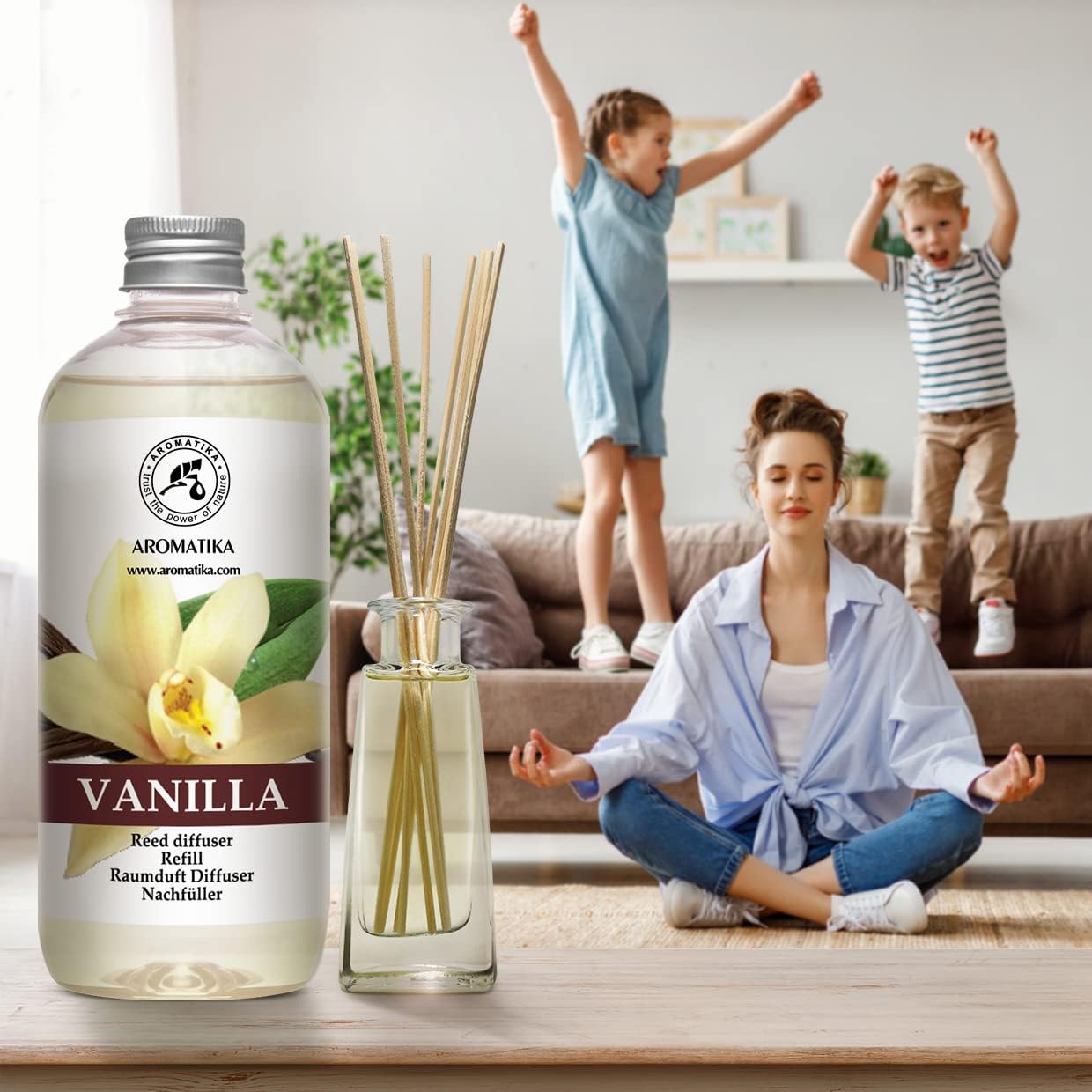 Reed Diffuser Refill Set Vanille & Jasmine with Jasmine Essential Oil 34 Fl Oz - 2 x 500ml - Fragrance Oil Reed Diffuser Refill - Room Freshener - Floral Fragrance