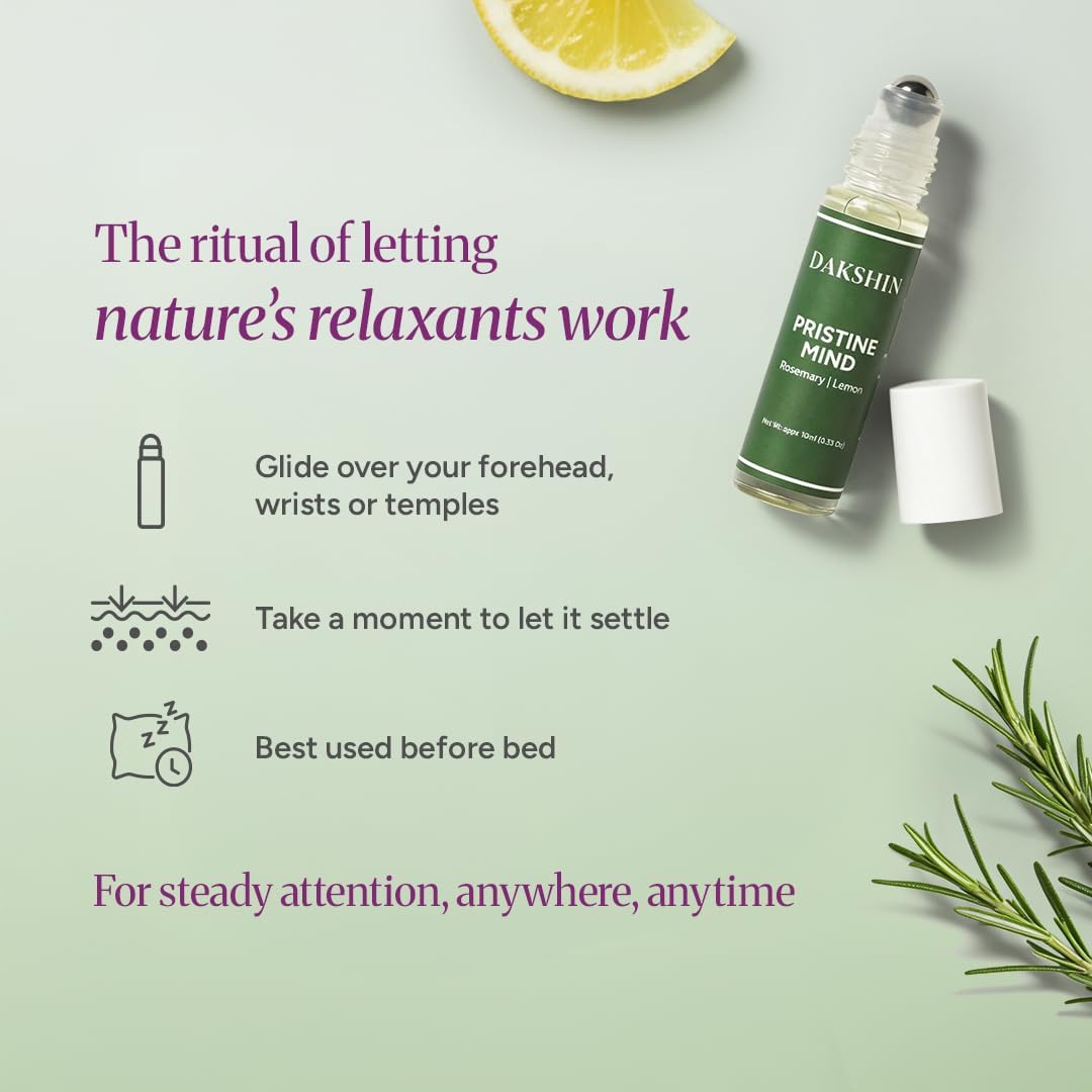 DAKSHIN Pristine Mind Essential Oil Roll-On | Rosemary, Lemon, Basil & Peppermint | Naturally Clarifying Focus Aromatherapy | Cruelty-Free | 10ml