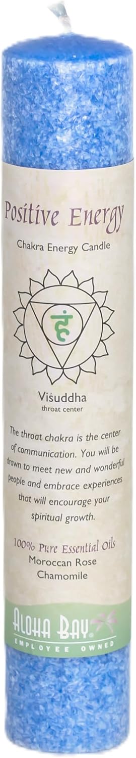 Premium Scented Candle Hand Made Chakra Energy Pillar | Positive Energy, Visuddha| Yoga, Prayer & Meditation Candle | Long Burn 15 Hours | Essential Oils Moroccan Rose & Chamomile | Aloha Bay