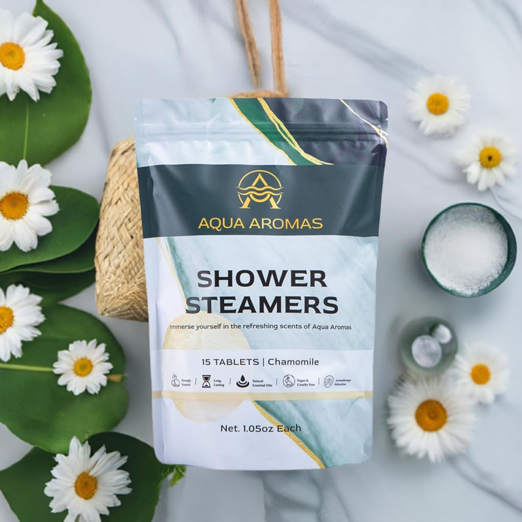 Aqua Aromas Shower Chamomile Steamers - Aromatherapy Shower Bombs, 15 Count - with Chamomile Essential Oils for Relaxation & Invigoration - Spa-Like Experience for Stress Relief & Wellness