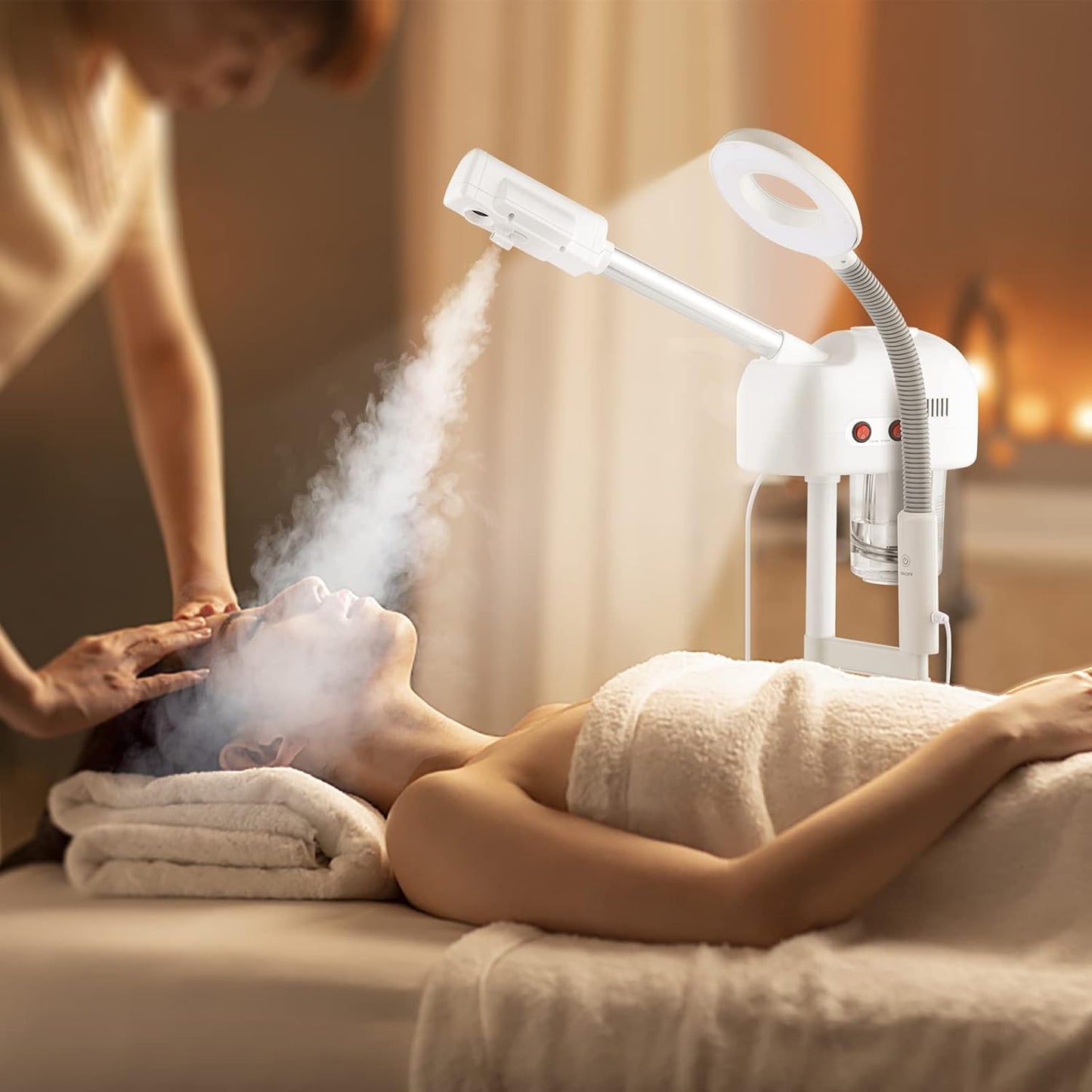 Professional Facial Steamer,2 in 1 Facial Steamer on Wheels,Esthetician Facial Steamer,Face Steamer for Personal Skin Care Deep Cleaning,with 3X Magnifying Lamp,for Spa, Salon and at Home Use (White)
