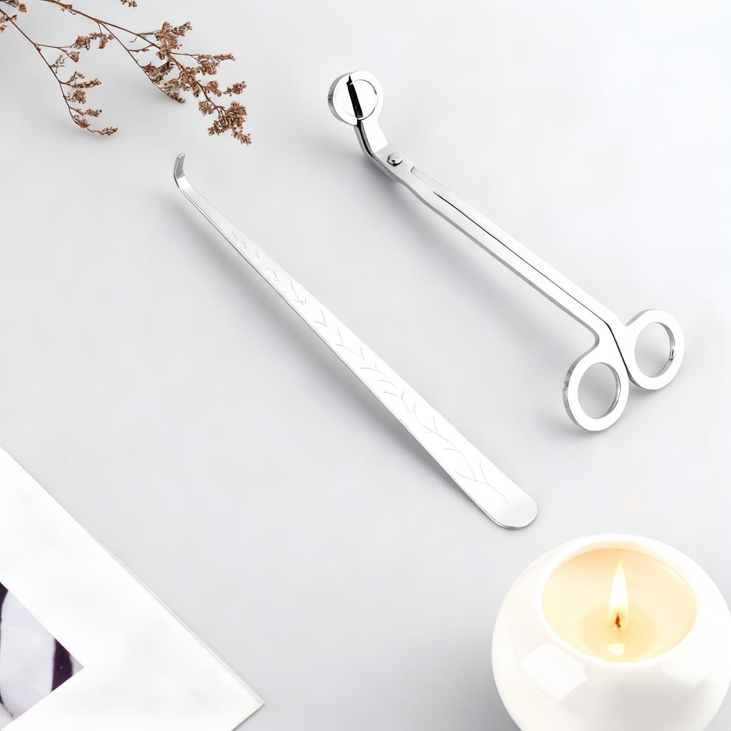 Silver Candle Care Set, Professional 2-in-1 Wick Trimmer and Snuffer, 7.09-Inch Copper-Nickel Plated Tool with Anti-Slip Handle, Extended Safety Grip Design