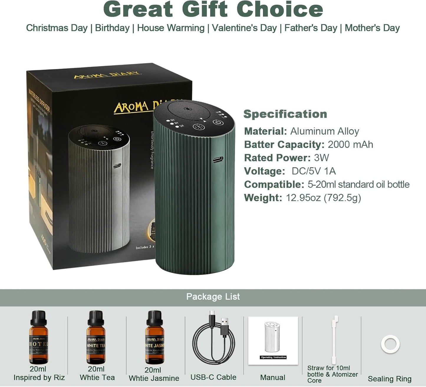 Waterless Essential Oil Diffuser Starter Kit with 3 x 20mL Essential Oil, Rechargeable Scent Diffuser for Home Car Bathroom, 3 Mist & 4 Timer, Portable Small Aromatherapy Diffuser Machine, DarkGreen