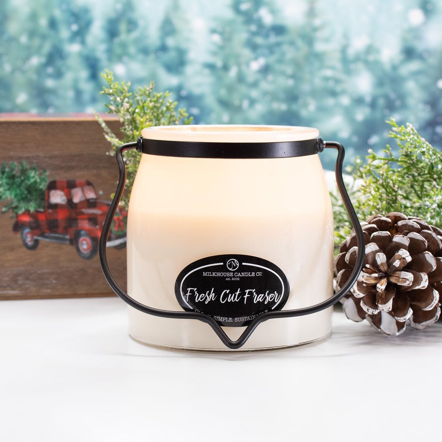 Milkhouse Candle Company Fresh Cut Fraser Soy Candle - Fraser Fir | Juniper & Sandalwood | Citrus Scented - 16 oz Butter Jar with Lid, 65+ Hour Burn Time, Made in the USA