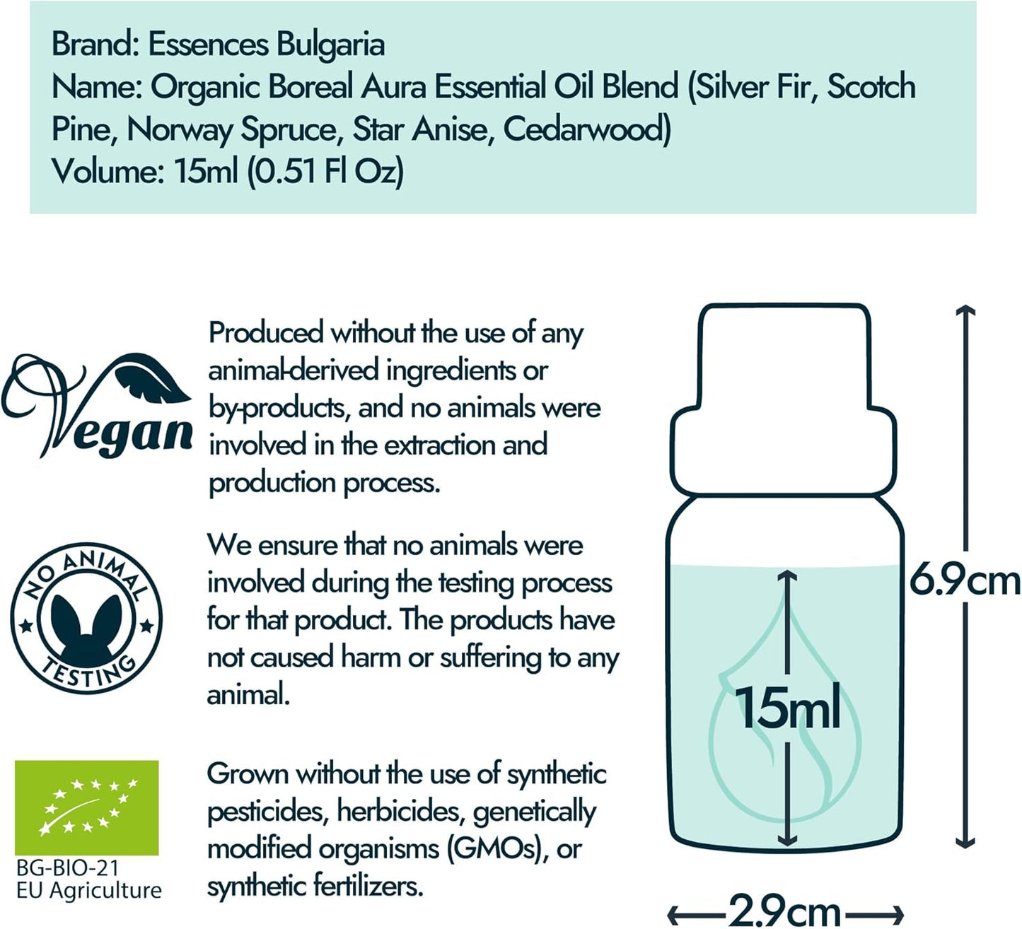 Essences Bulgaria Boreal Aura Organic Essential Oil Blend 0.5 Fl Oz | 15ml | Silver Fir, Scotch Pine, Norway Spruce, Star Anise, Cedarwood | Aromatherapy, Sauna & SPA | 100% Pure & Natural | Undiluted