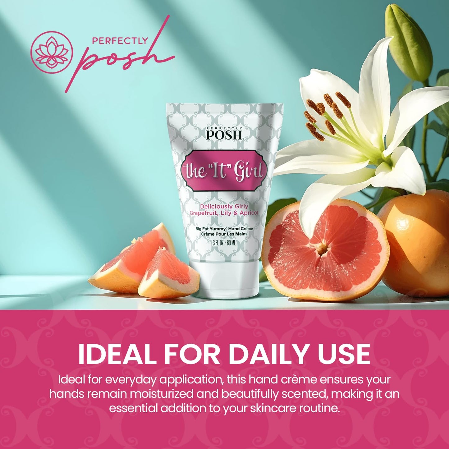 Perfectly Posh - It Girl Big Fat Yummy Hand Crème - Non-Greasy Hand Cream with Apricot Kernel Oil, Coconut Oil and Floral Citrus Scent - 89ml