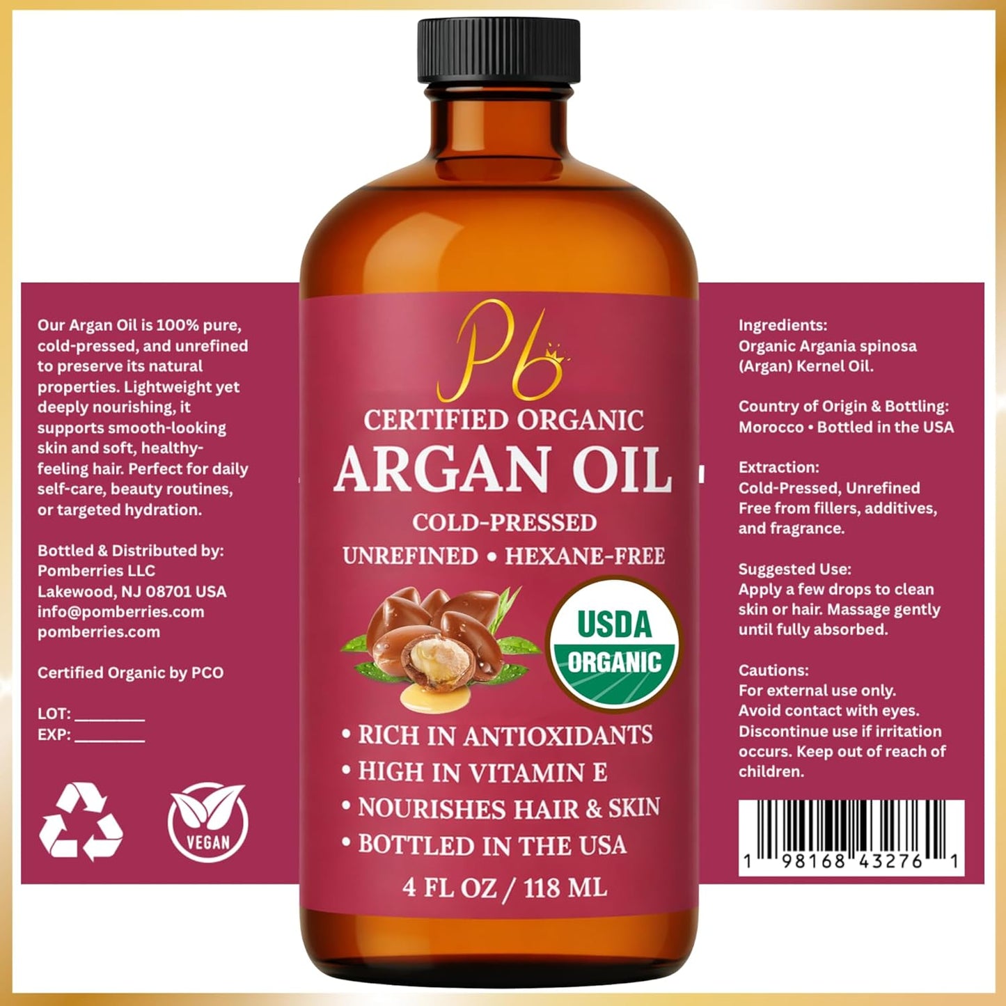 Argan Oil – 100% Pure, Cold-Pressed & Unrefined USDA Organic Moroccan Argan Oil for Hair, Face & Skin, Organic Argan Oil Hair Treatment for Dry, Damaged Hair- 4 Fl Oz Glass Bottle with Dropper