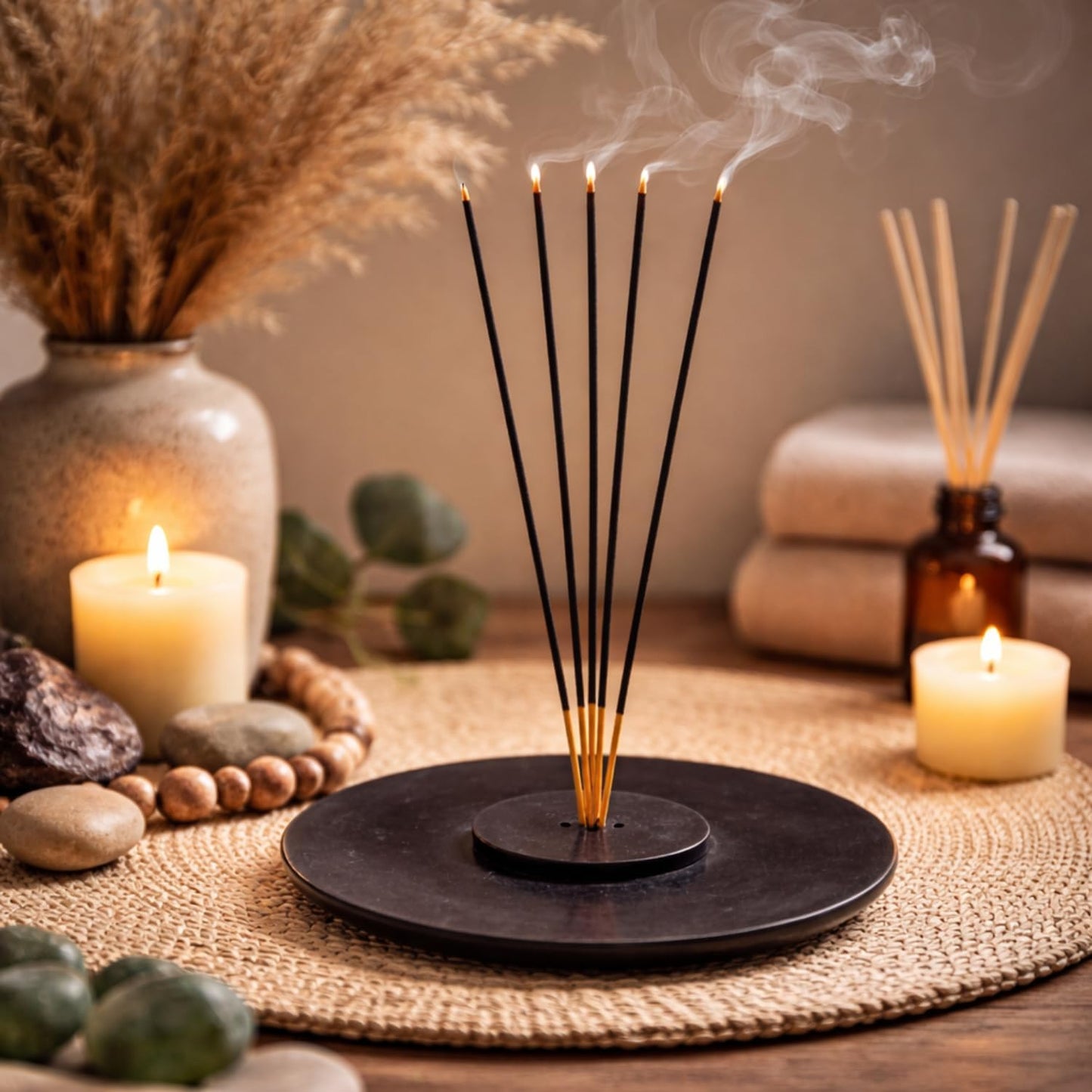 Handmade Marble Incense Stick Holder, Black, 4 inch | Round Incense Burner, Multiple Holes, Decorative Ash Catcher, Home and Office Decor