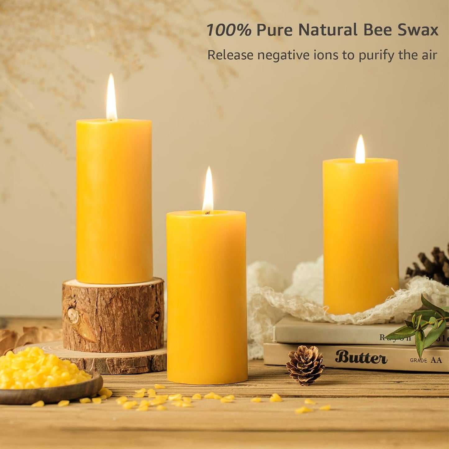 Natural Organic Beeswax Pillar Candles 2x4 Inch Bulk, 100% Pure Bees Wax Candles for Home, 140 Hour Long Burning, Dripless Smokeless Non Toxic Candle for Emergency Parties Meditation Prayer(4 Pack)
