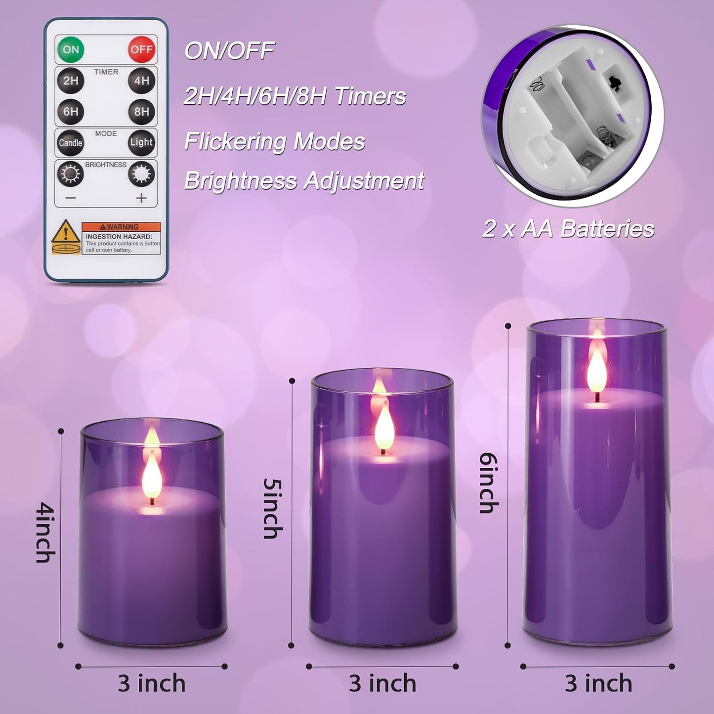 Homemory Purple Flameless Candles, Flickering Battery Operated LED Pillar Candles with Remote Timer, Acrylic Violet Fake Candles, Decorative Candles for Home Wedding Party Halloween Decor, Set of 3