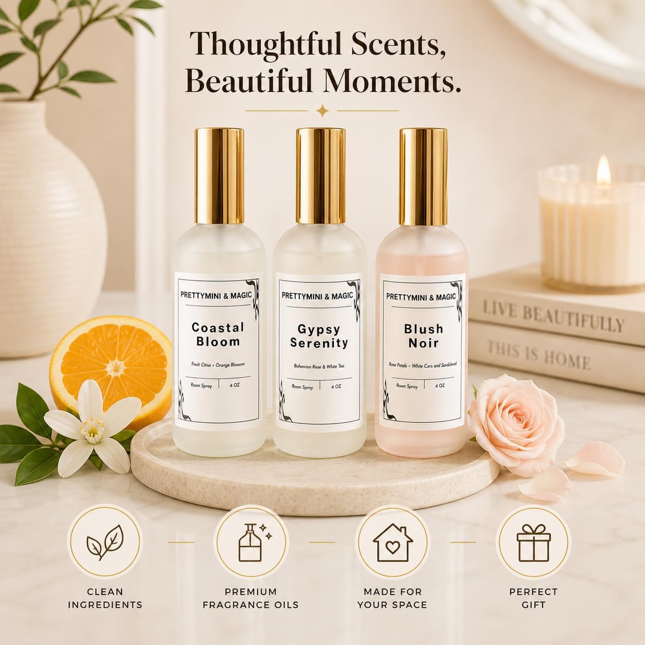 Room Spray 4oz – White Orris and Sandalwood Scent for Home, Bedding, Pillows & Sheets – Calming Air Refresher, Cozy Home Scent Spray, Mini Room Spray for Bedrooms & Living Spaces