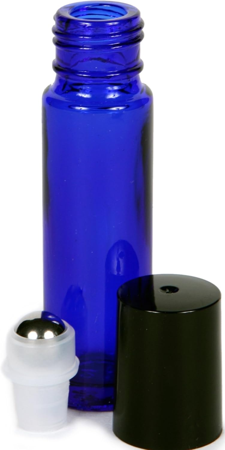 Vivaplex, 24, Cobalt Blue, 10 ml Glass Roll-on Bottles with Stainless Steel Roller Balls. 3-3 ml Droppers included