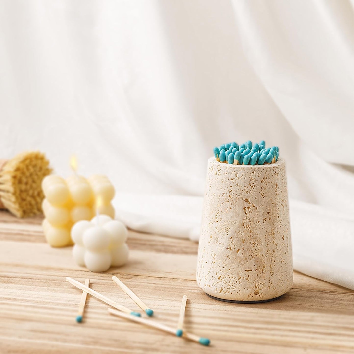 Travertine Match Holder with Striker & Extra Striker Pad - 2.9" x 3.9" Large Decorative Matchstick Organizer for Fireplace, Candles, Parlor Match Jar for Home Decor Gift, Matches Not Included