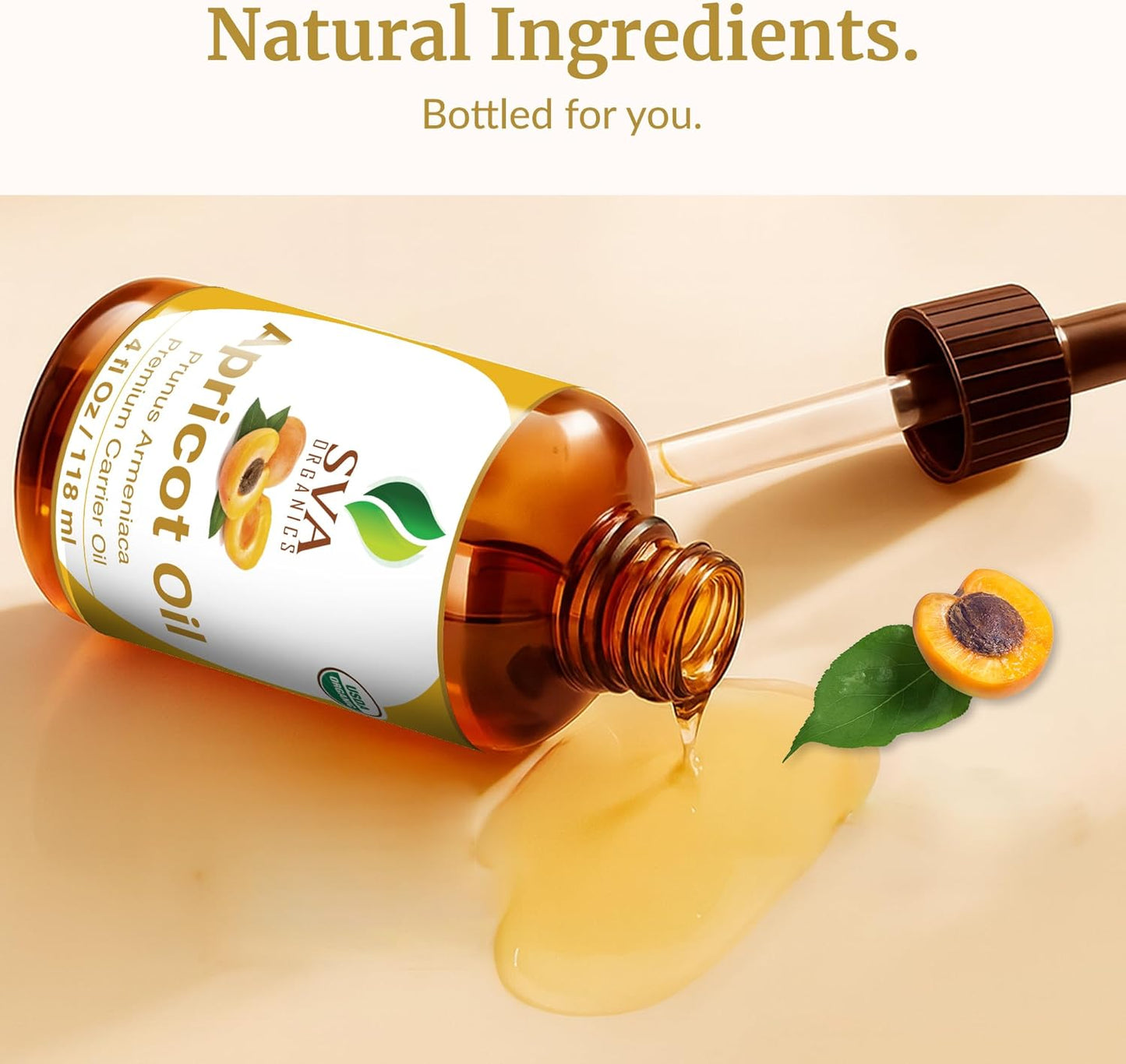 SVA Apricot Seed Oil Organic - 4 Fl Oz – 100% Natural Cold Pressed Organic Apricot Oil - for Face, Skin Care, Hair Care, Scalp Massage & Body Massage – Carrier Oil with Dropper