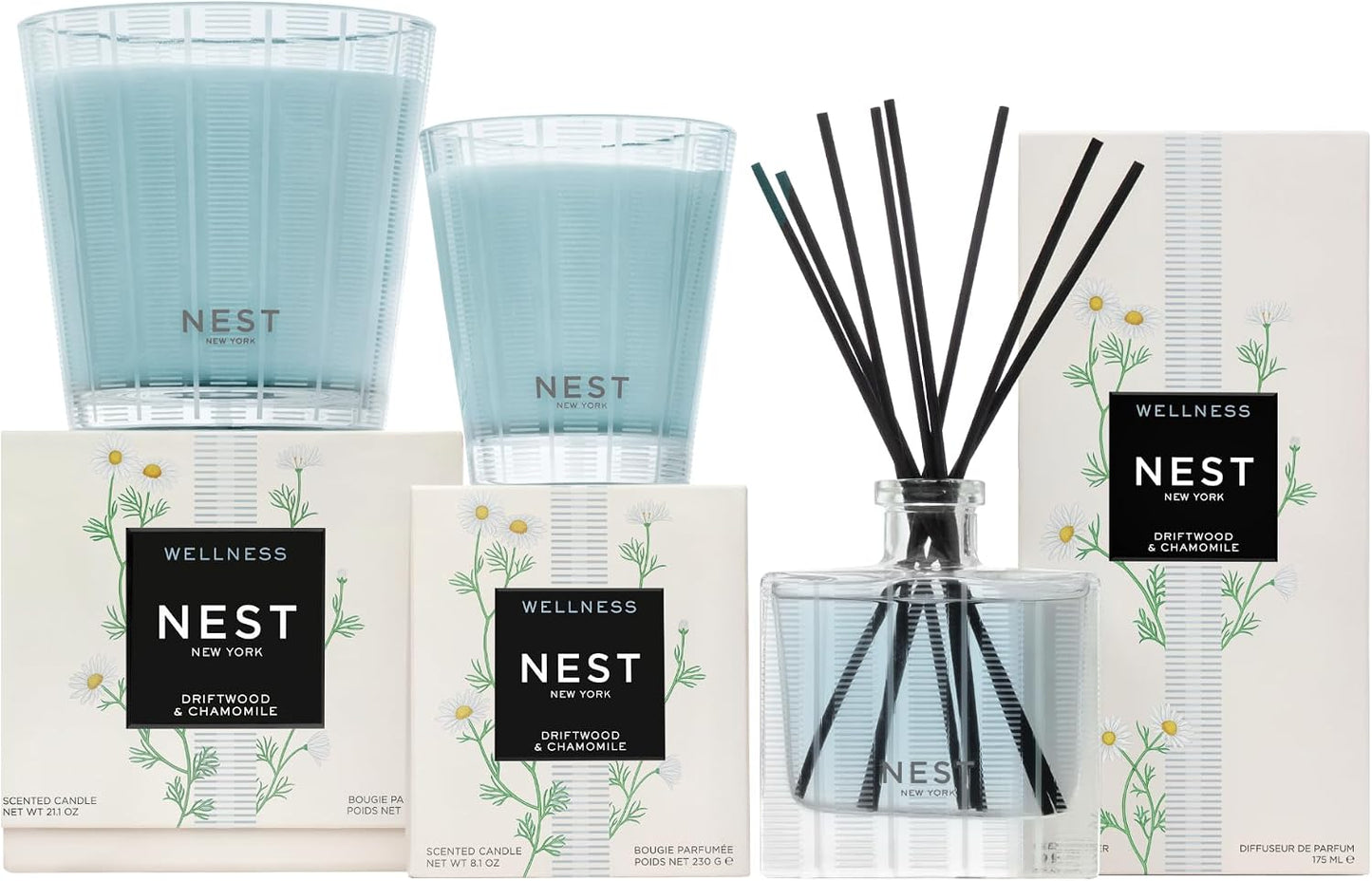 NEST New York Reed Diffuser, Driftwood & Chamomile - The Wellness Collection - 5.9 fl oz - Fragrance for Up to 90 Days - Reusable, Refillable Glass Holder - Includes 8 All-Natural Reed Sticks