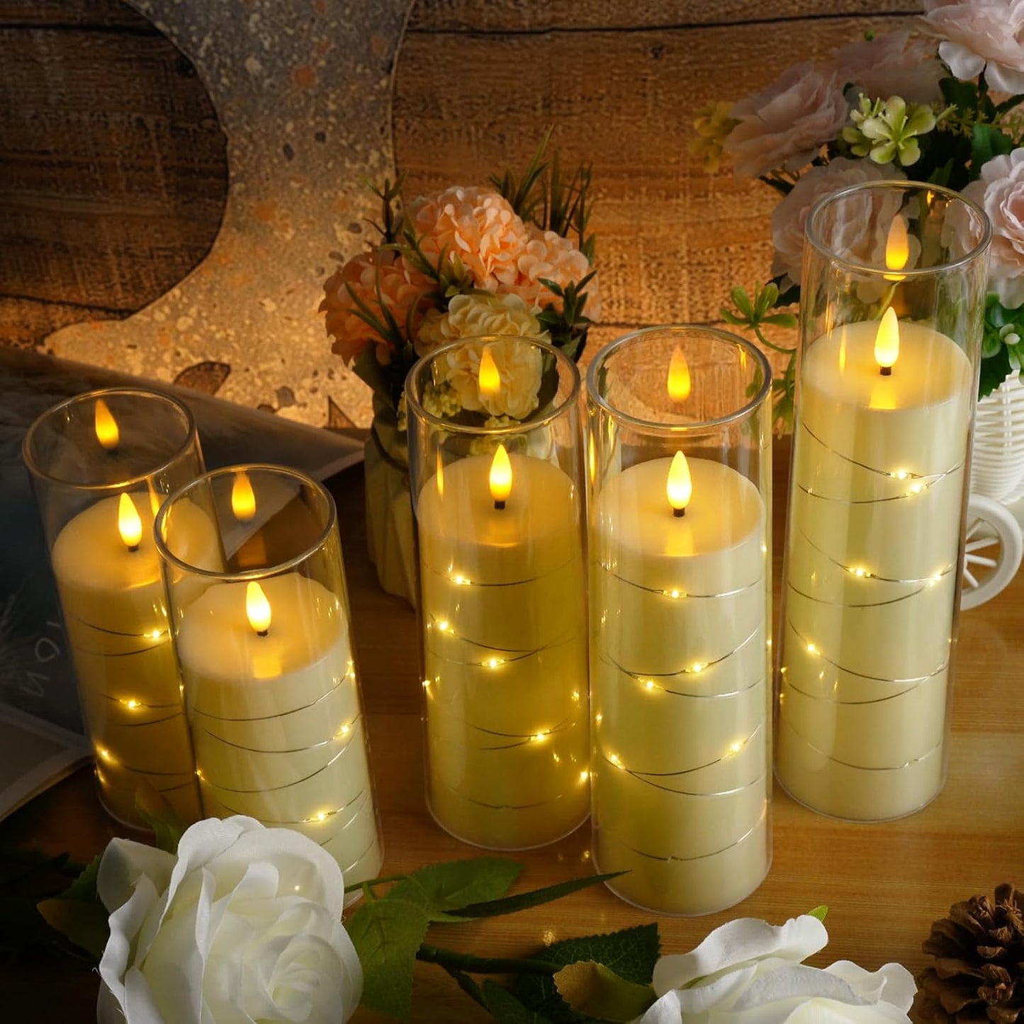 kakoya Flameless LED Candles with Timer 5 Pc Flickering Flameless Candles for Romantic Ambiance and Home Decoration Stable Acrylic Shell,with Embedded Star String,Battery Operated Candles(Ivory)