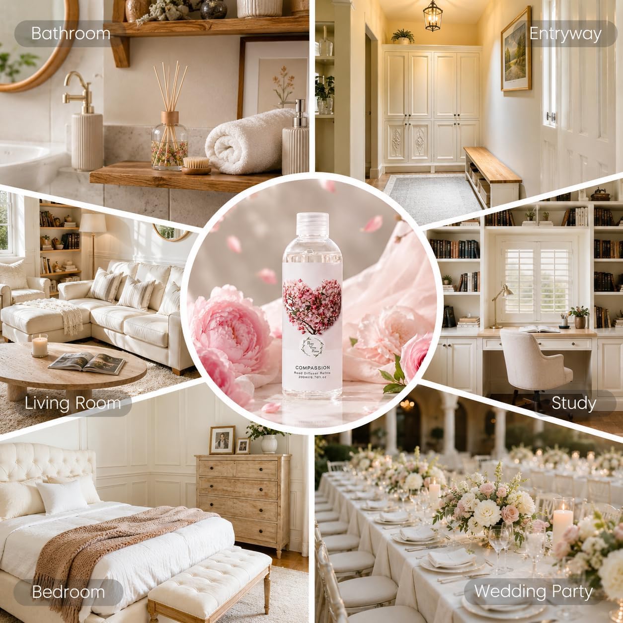 Reed Diffuser Refill, Peony & Rose Scented Oil 6.76 fl.oz / 200ml, Home Fragrance for Bedroom, Bathroom, Office Decor