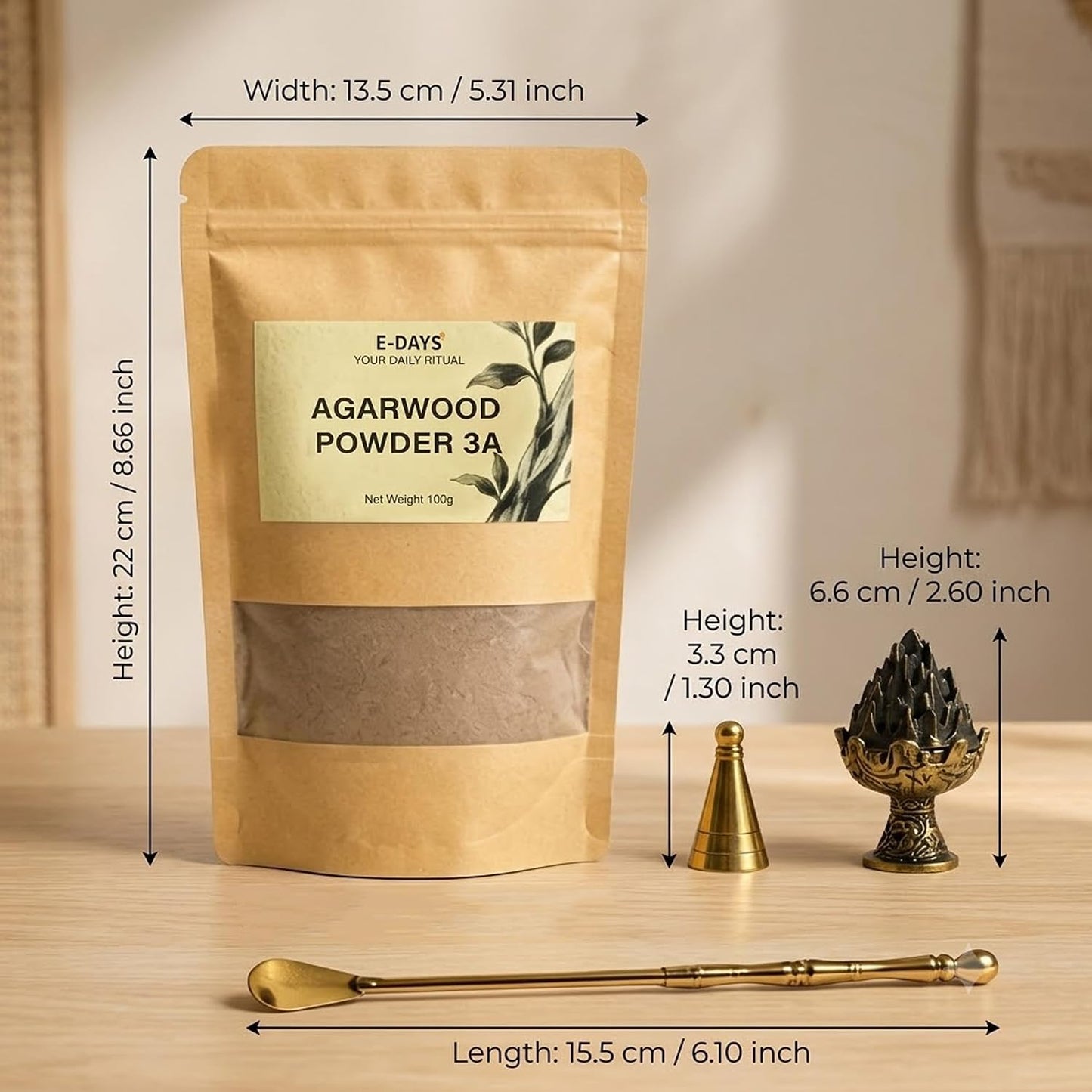 Hainan Agarwood Powder 100g - 3A Grade Natural Incense Powder for DIY Incense Sticks, Cone Making, Seal Molding, Aromatherapy - Includes 3-Piece Cone Mold Set (Incense Burner, Mold, Spoon)