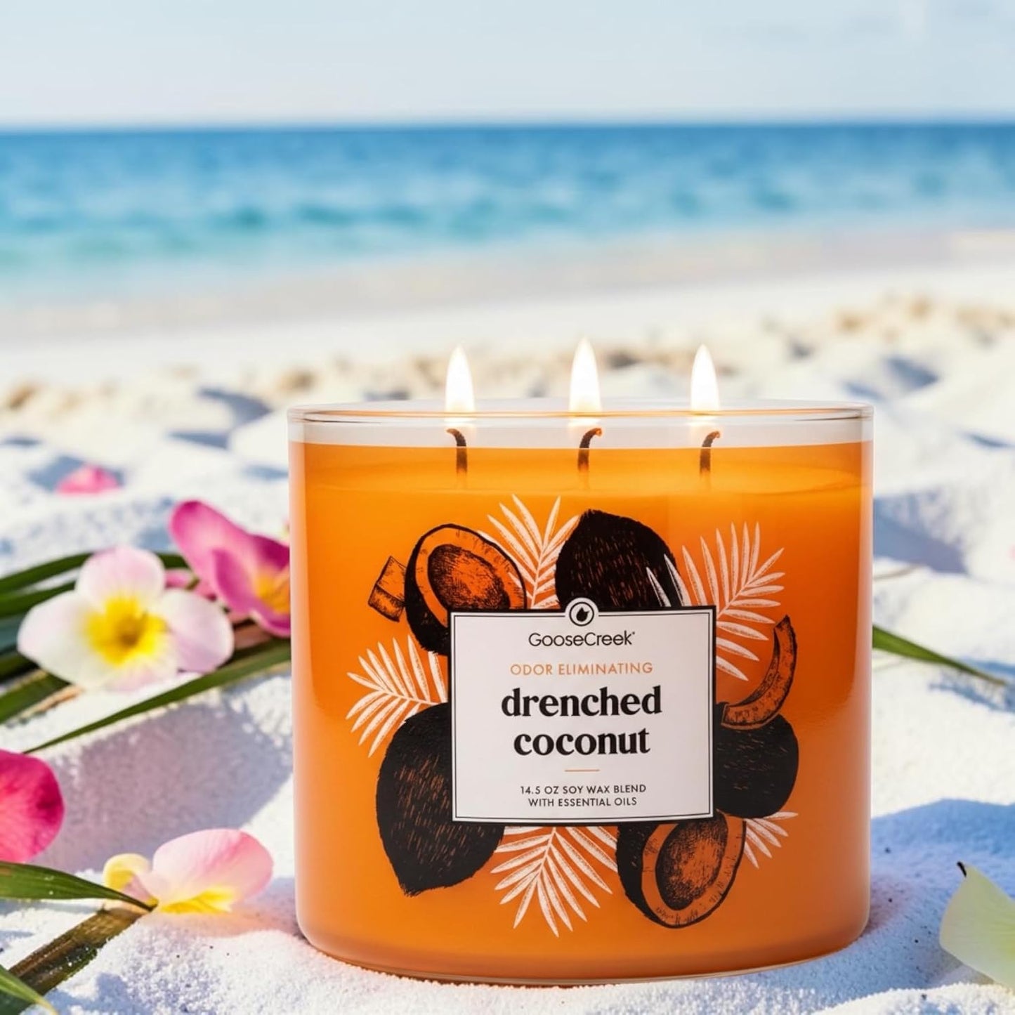Drenched Coconut 3-Wick Candle, Odor Eliminating, 14.5 oz Soy Wax Blend with Essential Oils
