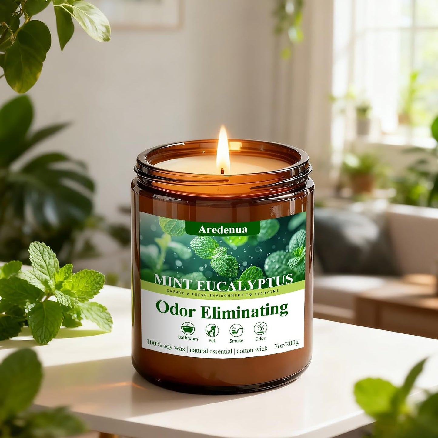 Mint Eucalyptus Odor Eliminating Candles | Eliminates 95% of Pet, Smoke, Food & Other Smells โ Air Freshing Scented Candles - Gifts for Women Men, 50 Hour Burn time - 7 oz Natural Soy Wax