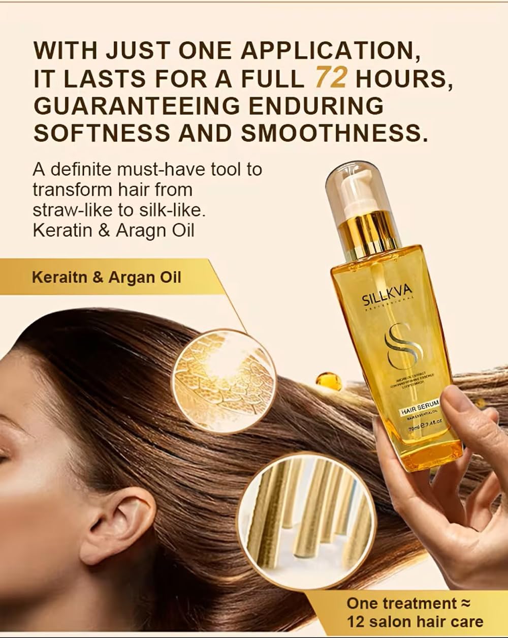 SILLKVA PROFESSIONAL Argan Oil Hair Serum 2.4oz for All Hair Types with Vitamin Essence Smooths Frizz Moisturizes & Enhances Shine - Best Gift