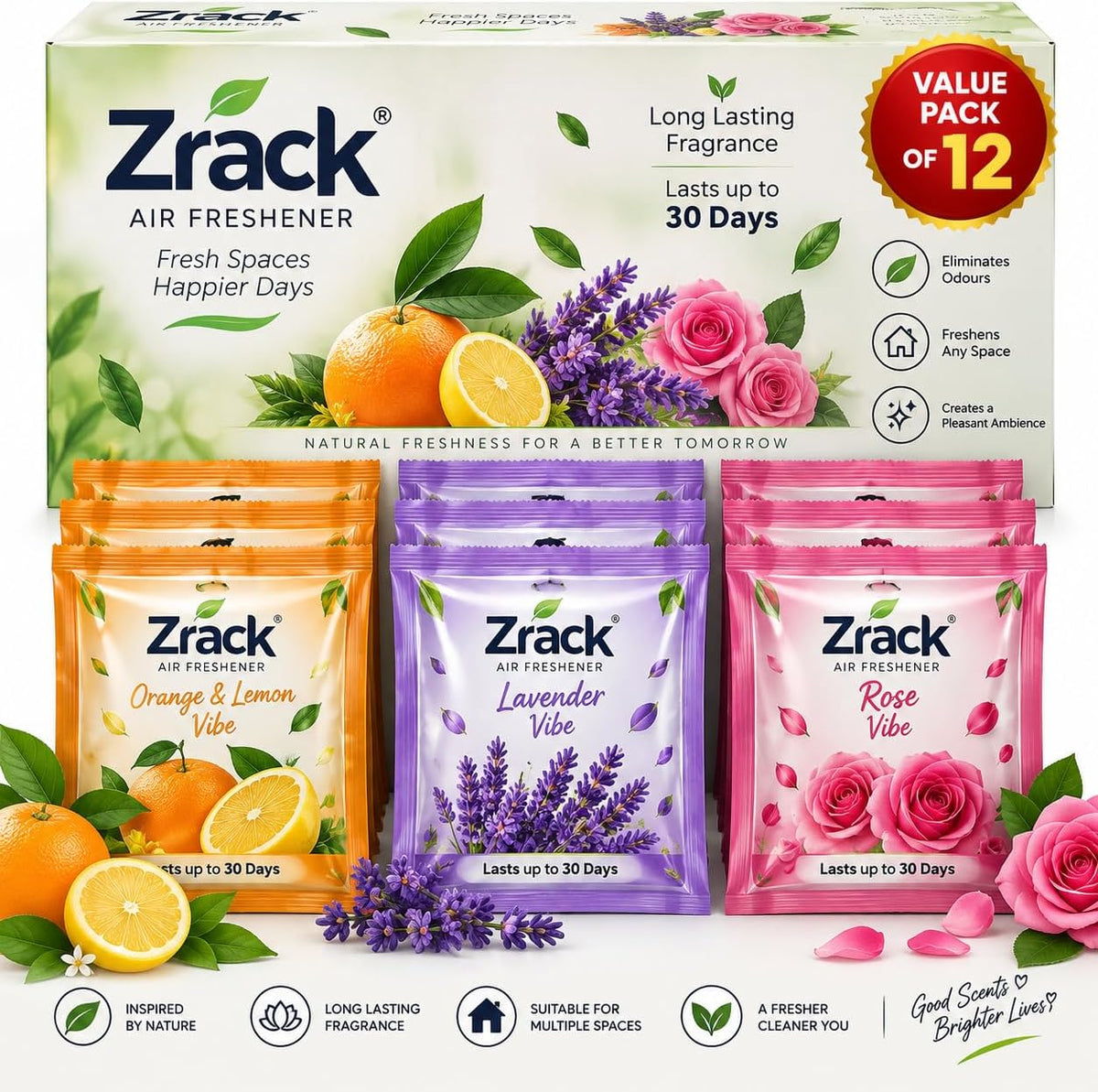 12 Pack Oranges & Lemons Scented Air Freshener Sachets, Zrak Hanging Fragrance Bags for Home, Car, Closet & Wardrobe (10g Each)