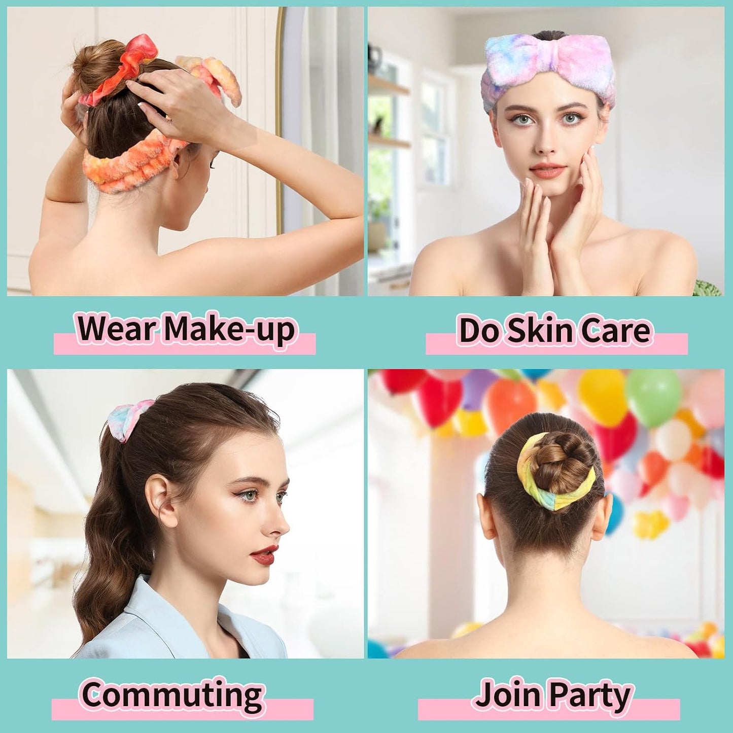 LEOBRO Spa Headband, 3pcs Makeup Headbands and 3pcs Hair Scrunchies, Bow Skin Care Headband for Washing Face, Hair Bands, Birthday Gifts, for Women, Teen Girls