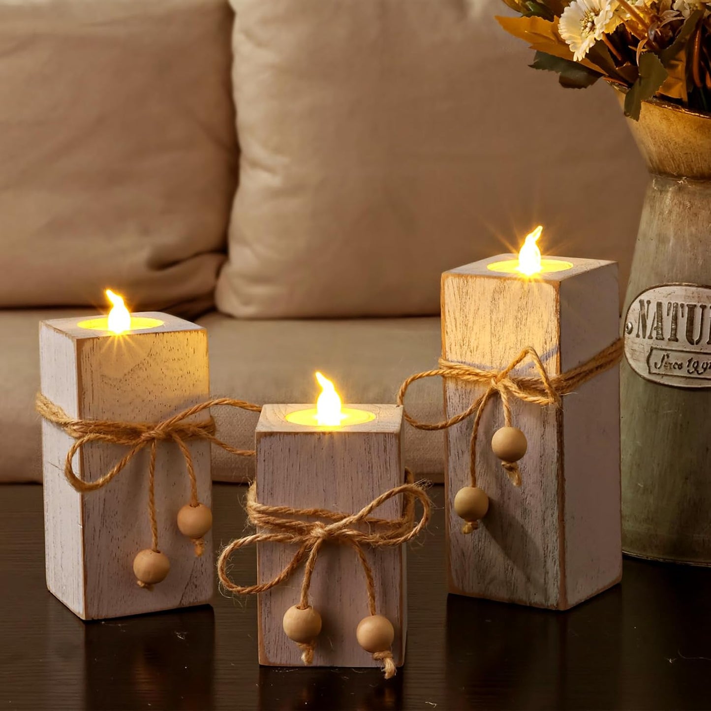 MelonBoat Rustic Flameless LED Candles 3-Pack, Battery Operated Candles with Wooden Candle Holders, White Rustic Farmhouse Decor, Farmhouse Candle Holder for Valentines Holiday Party Home Decor