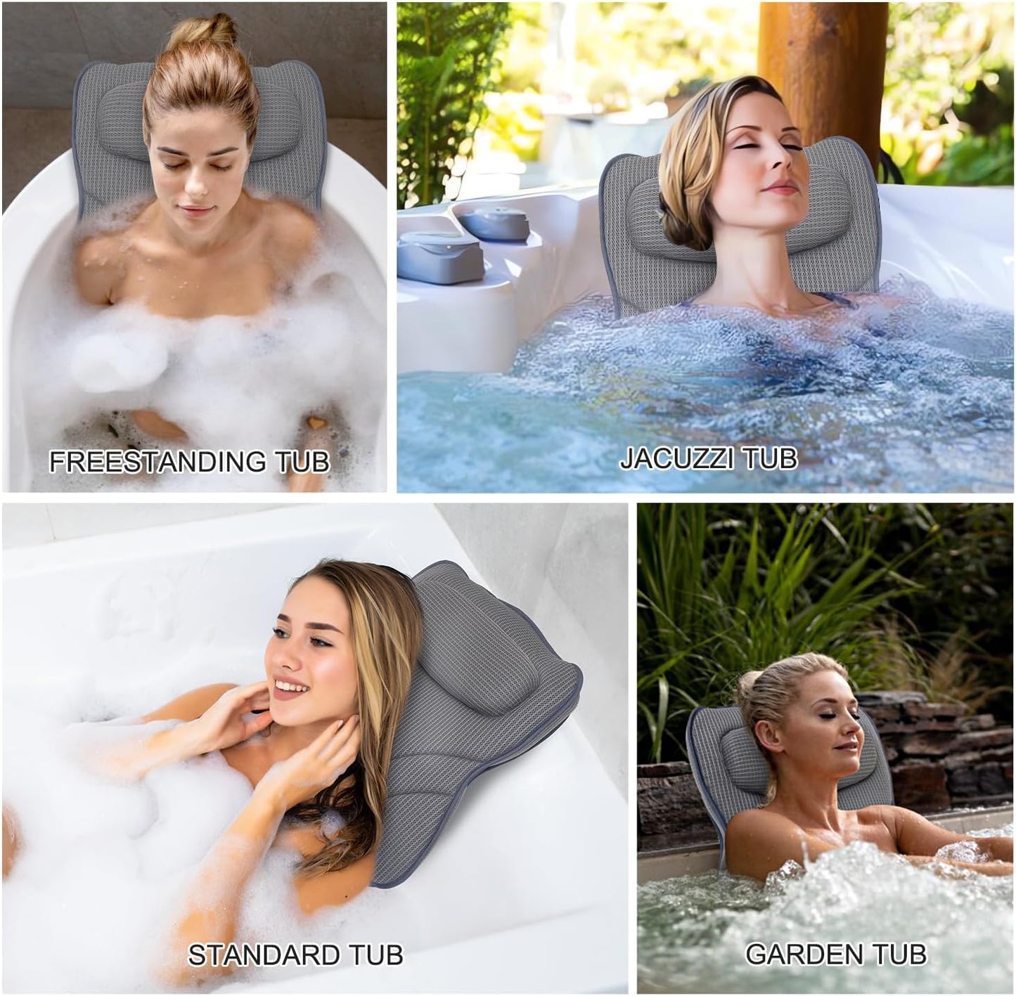 Extra Long Thick Full Body Bath Pillow for Tub with Lumbar Pillow- Luxury 4D Air Mesh Bathtub Pillow with Head, Shoulder & Back Support, Non-Slip Bath Cushion with Suction Cups (Gray)