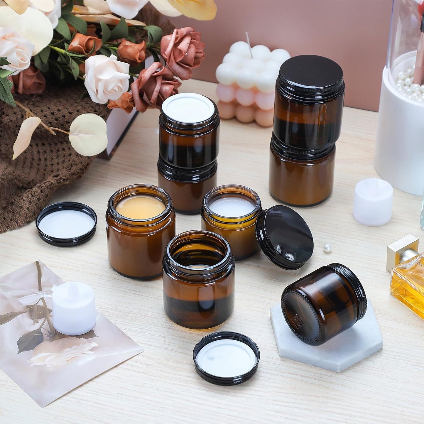 2oz Empty Amber Glass Jars with Lids 24 Pack Cosmetic Containers with Lids for Travel Lotion Cream Candle