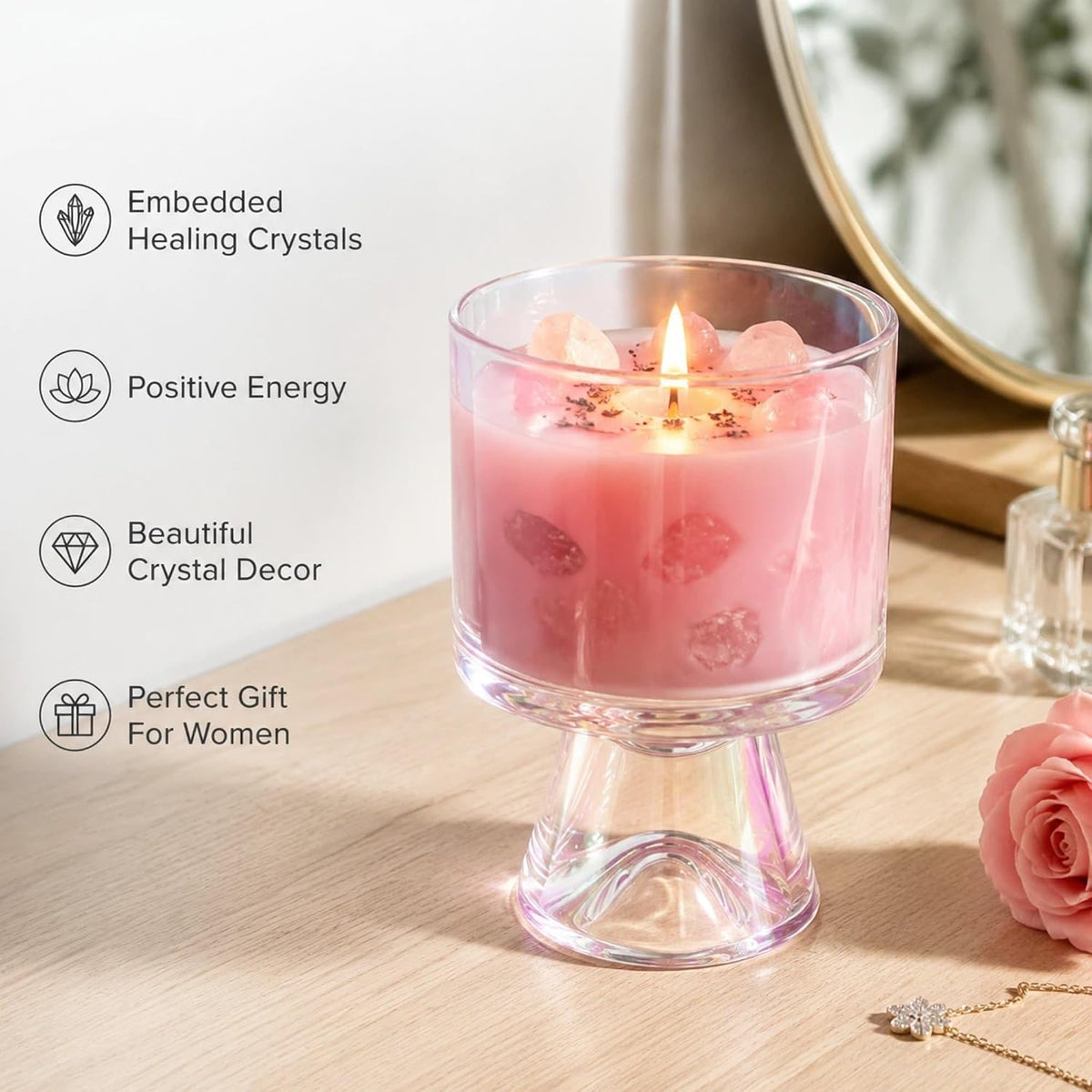 Soy Candle, Rose & Crystals, 48-Hour Burn, Aromatherapy