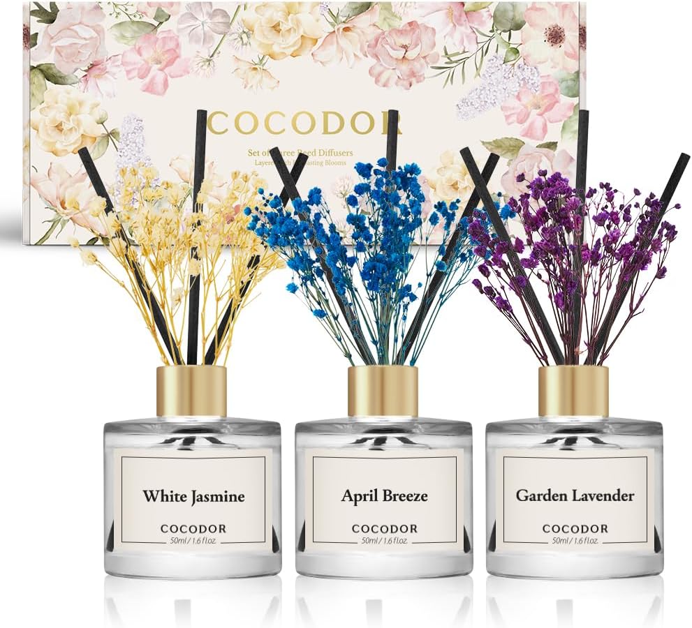 COCODOR Real Flower Reed Diffuser Set of 3/White Jasmine,Garden Lavender,April Breeze/1.6oz Each Pack/Home Fragrance Diffuser, Oil Scent Diffuser for Bathroom Shelf Decor