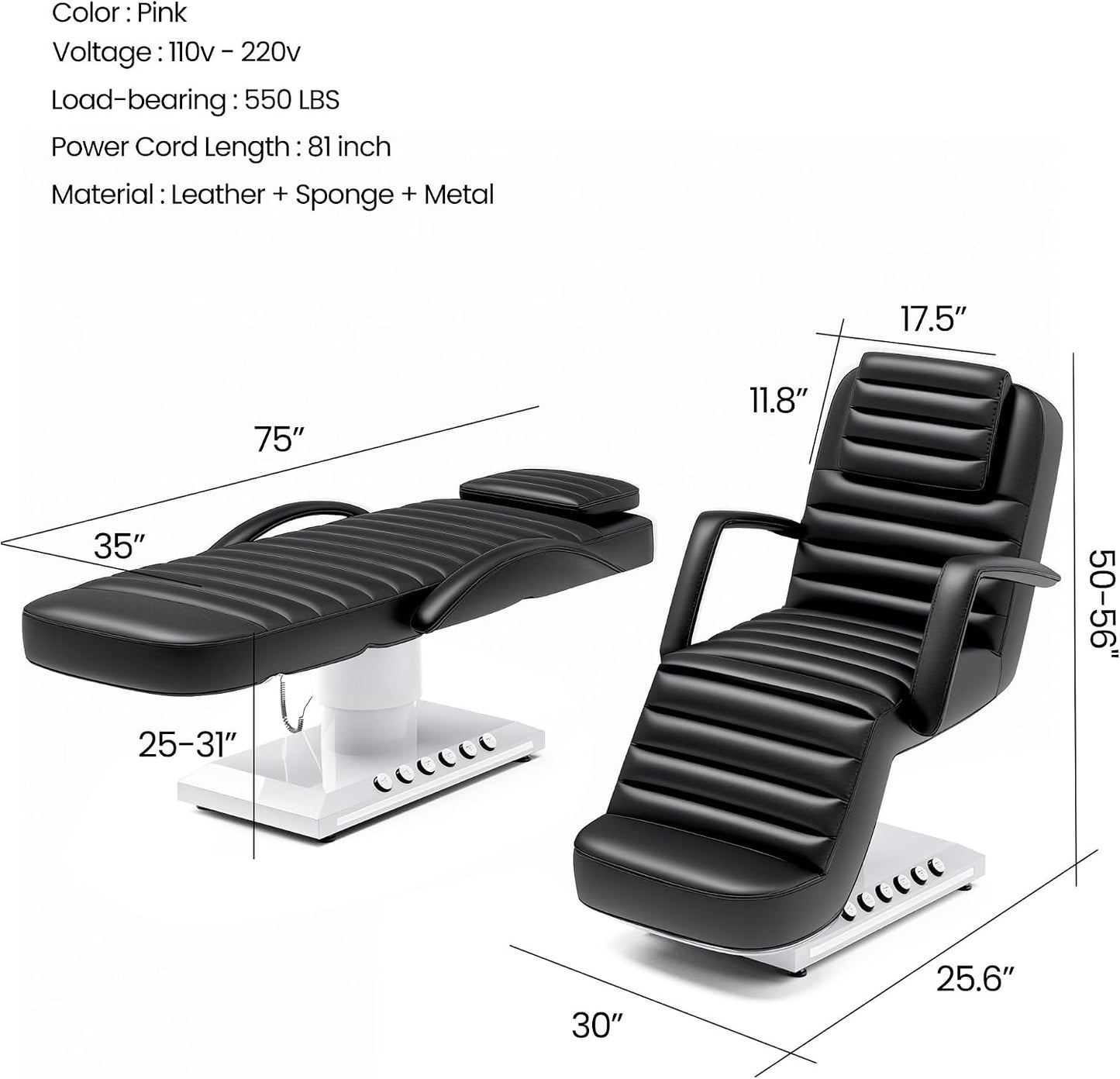 Electric Massage Table with LED Light, Adjustable Facial Bed with Foot Control for Spa, Tattoo, Waxing, and Eyelash Extension, Removable Headrest and Armrest, 90° Back & Leg Adjustment (Black)
