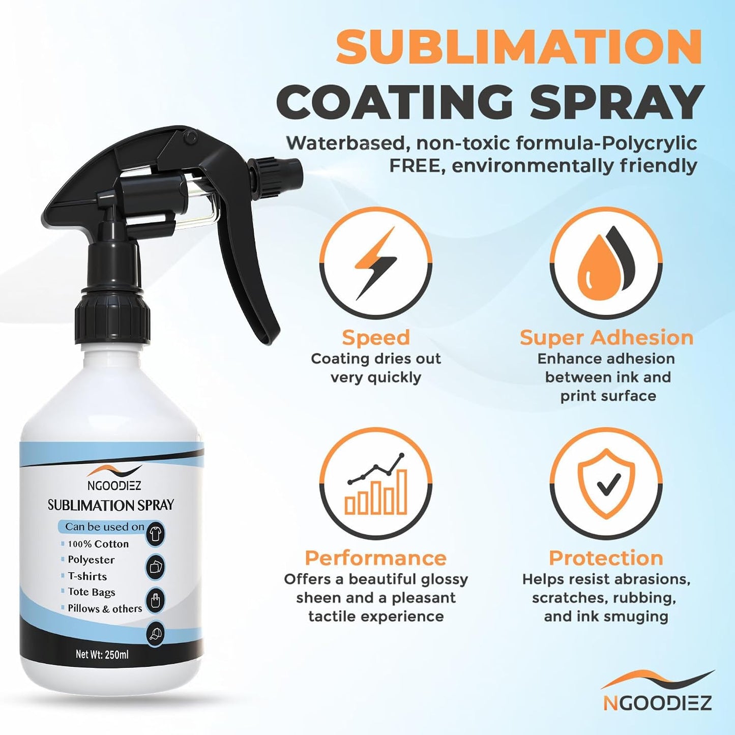 NGOODIEZ Sublimation Spray for Cotton T-Shirts & Polyester | Complete Kit with Pro Guide | Sublimation Coating Spray for All Materials | Quick Dry, Anti-Fade, Washable, One Step Application (250ml)