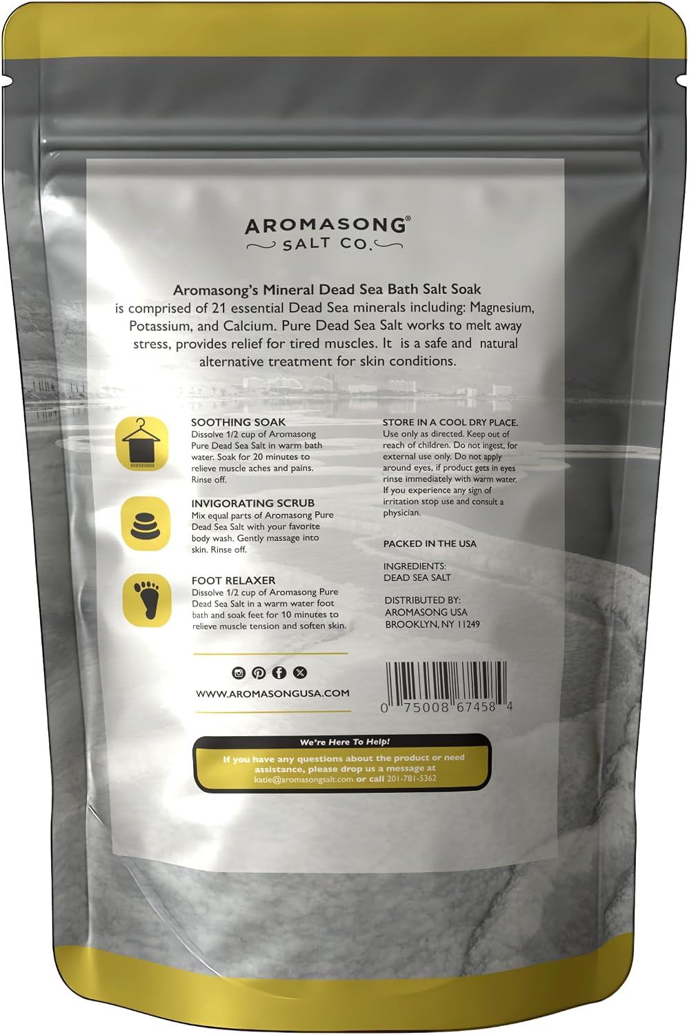 Aromasong Dead Sea Bath Salt - 100% Pure & Natural Dead Sea Salts for Soaking Fine Grain 5 LB - Bulk Resealable Pack - Used for Body wash Scrub - Soak for Women & Men.
