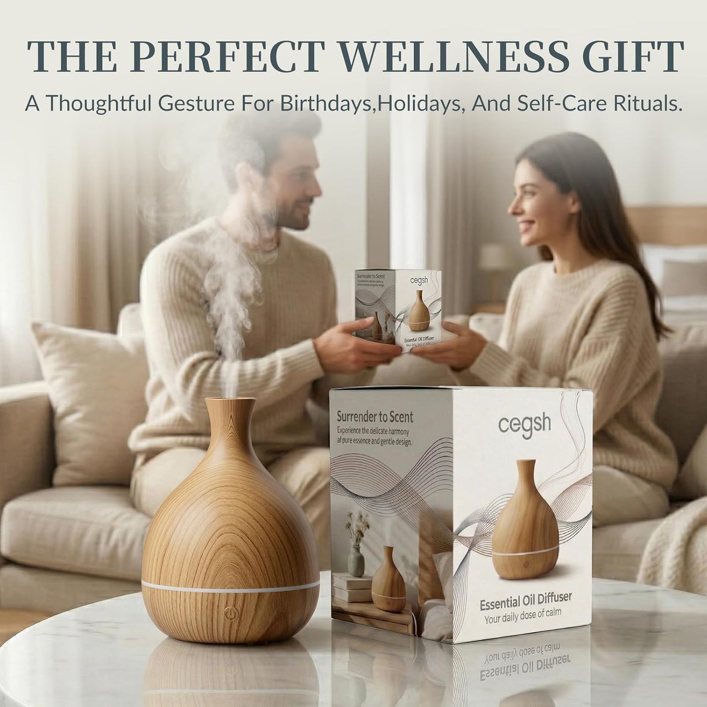 Essential Oil Diffuser with Adapter, 100ml Small Aromatherapy Scent Machine for Home & Office Desk, 7 Color LED Cool Mist Humidifier, Auto Shut-Off, Wood Grain