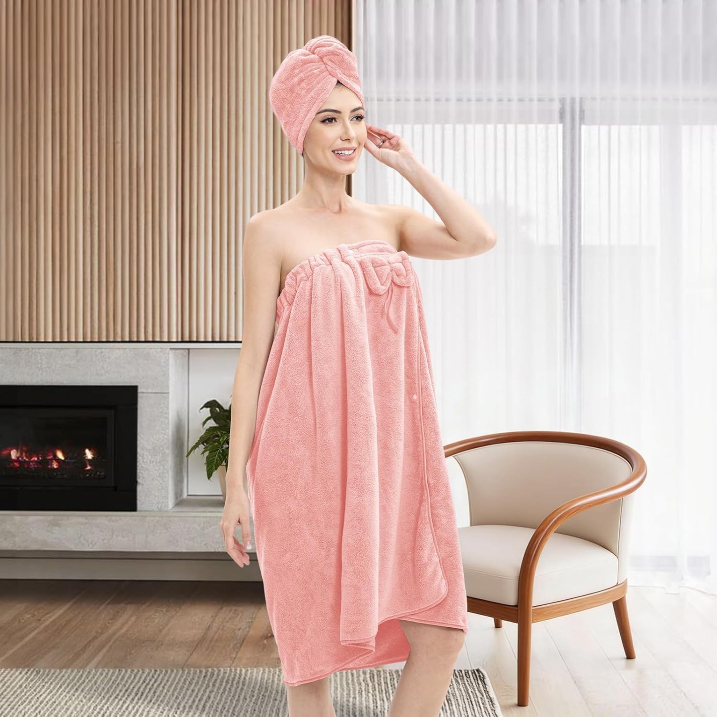 Bath Wrap Towels for Women – Adjustable Spa Shower Wrap with Super Absorbent Microfiber, Quick-Dry Body & Hair Towel Set for Home, Hotel, Beach, Pool, Gym, Travel Pink