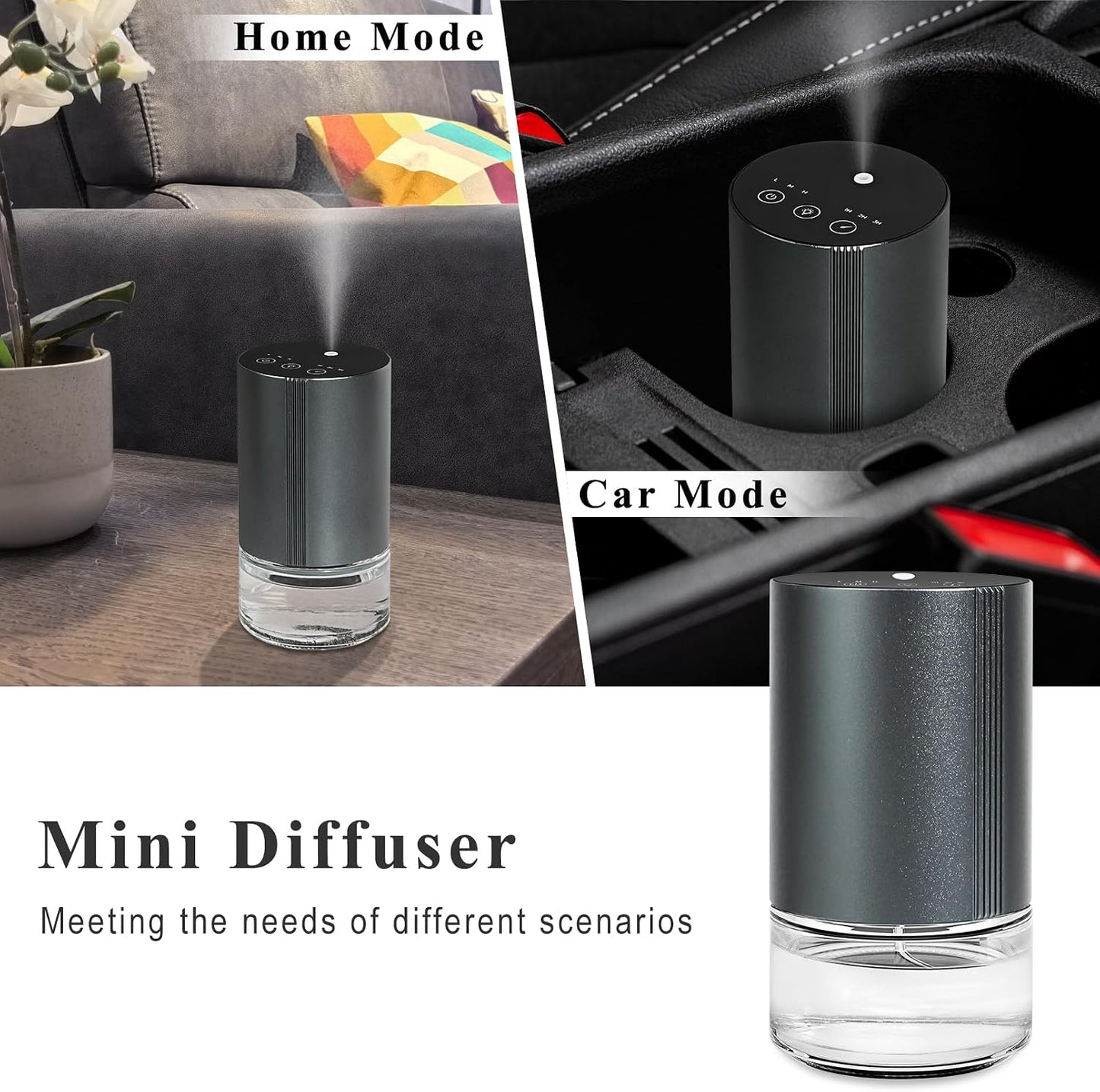 Essential Oil Diffuser, Waterless Scent Diffusers for Home, 100ml Capacity Atomizing Humidifier, Rechargeable Air Freshener Machine with 7-Color Ambient Light for Car Office (Grey)