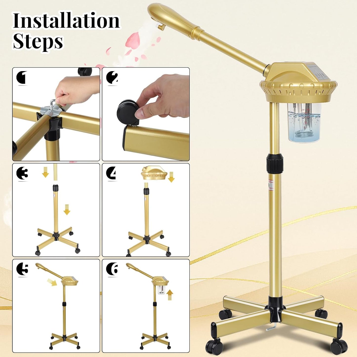 Facial Steamer Professional with More Steam for Deep Cleansing and Hydration, Estheticians Steamer on Wheels with Time Setting, Face Steamer Adjustable Height for Beauty, Spa and Home Use(Golden)