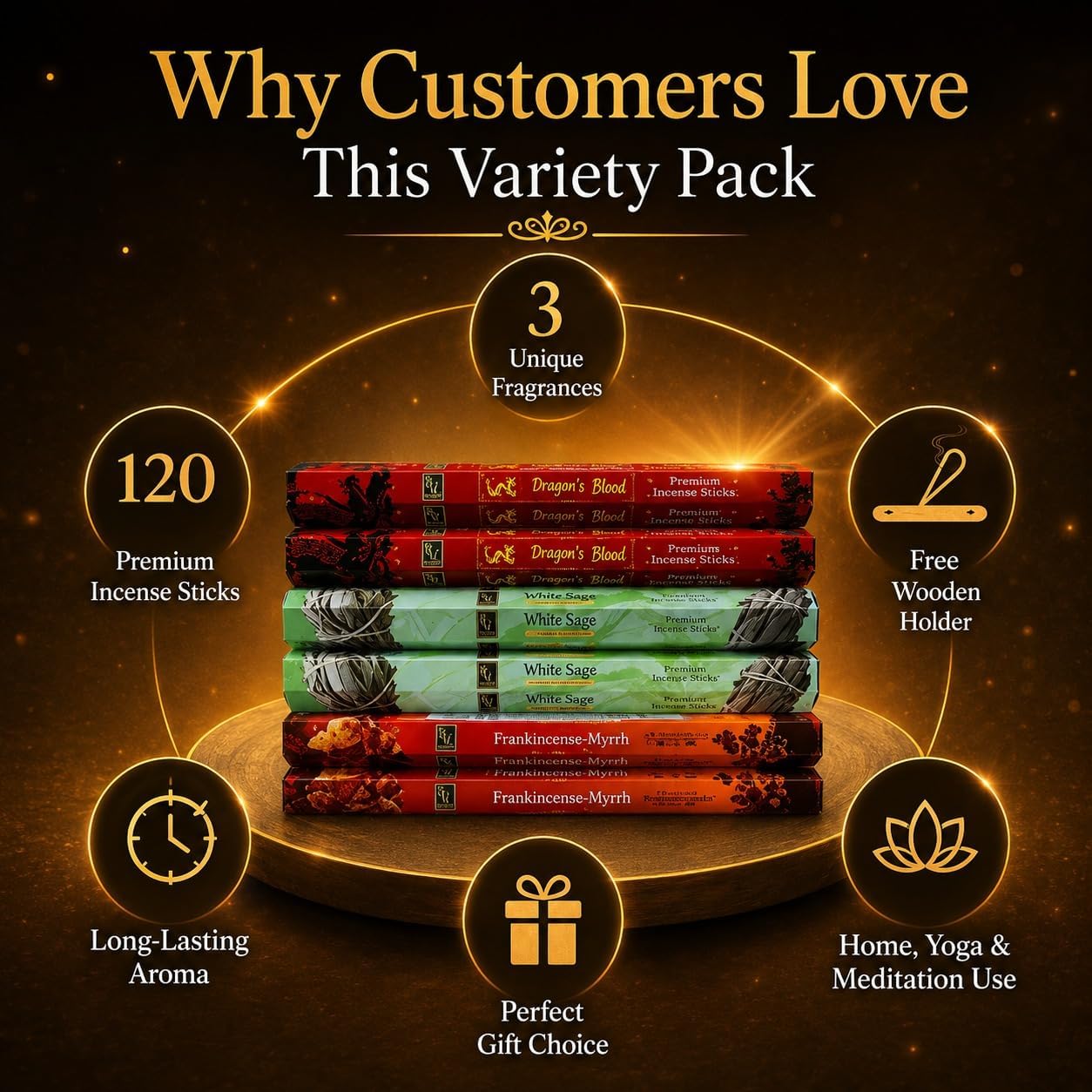 Incense Sticks Variety Pack | Dragon’s Blood, Frankincense & Myrrh & White Sage -120 Sticks | with Free Wooden Holder | Smudging Kit for Home Fragrance, Meditation & Yoga | Krishnascents