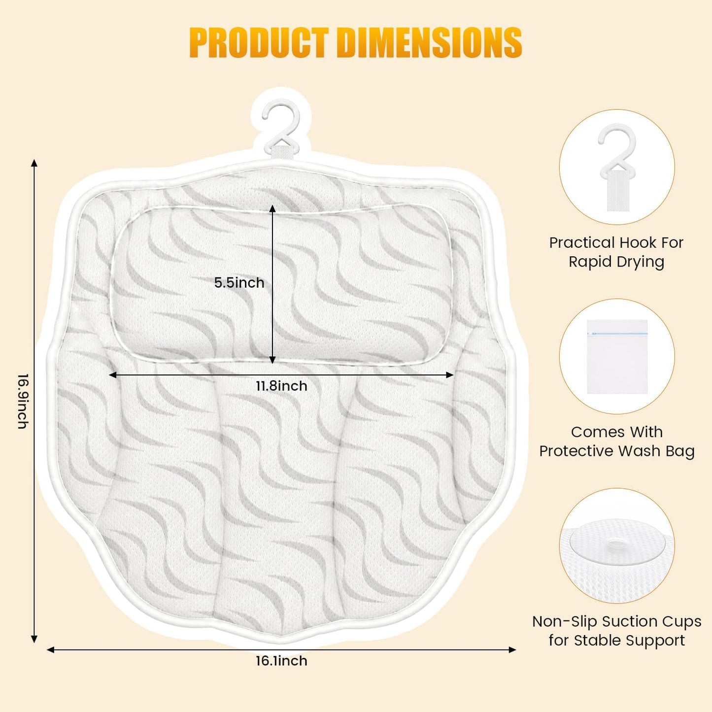 Bath Pillow for Tub, Ergonomic Neck Support Spa Bath Cushion | 4D Hollow Air Mesh,Quick-Dry & Breathable,ergonomic head neck support,6 heavy-duty suction cups for home spa tub soak