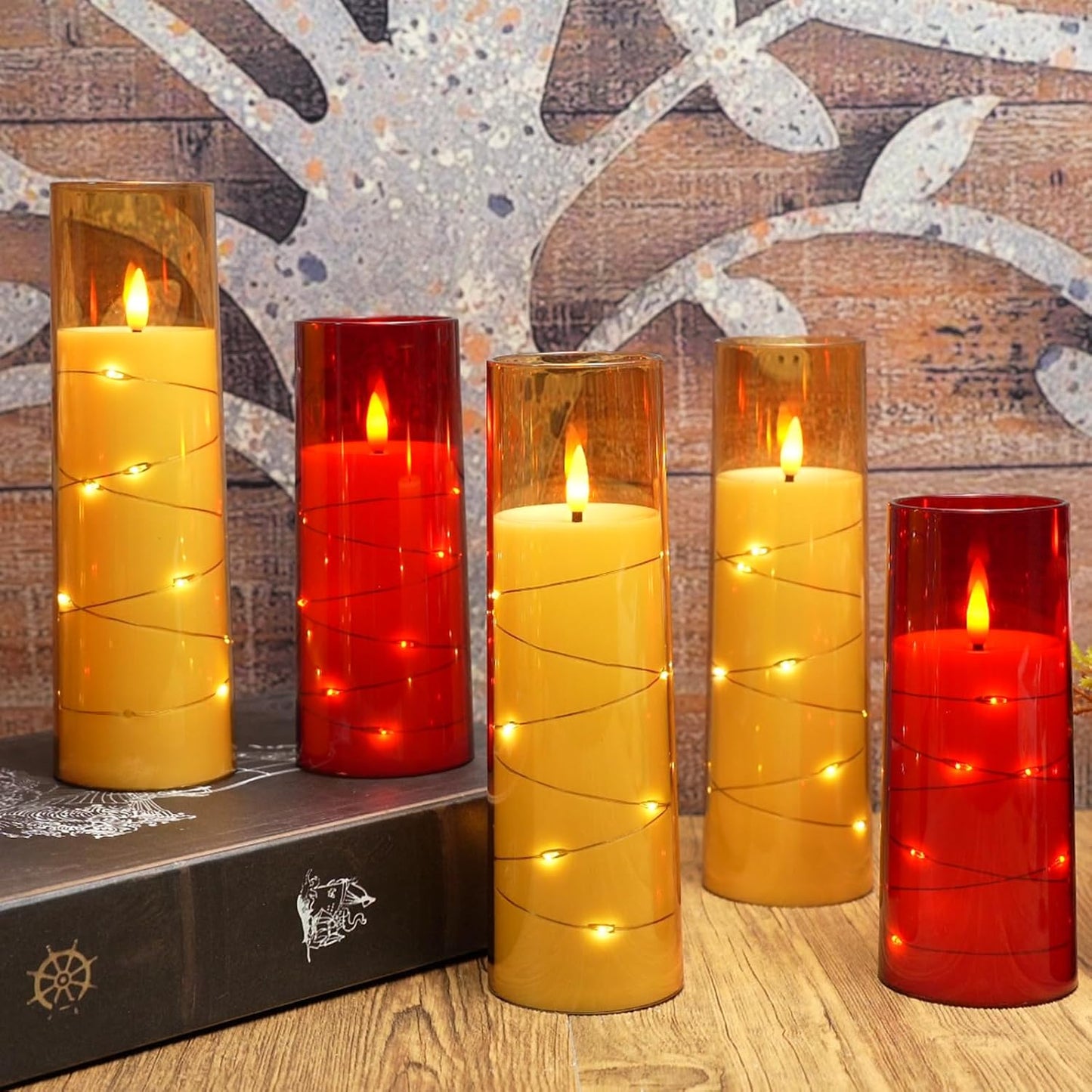 Eebuss Flameless Candles with Embedded Star String, Battery Operated LED Pillar Candles with Timer and Remote Control,Home Decorating for Ambiance, Set of 7 (Gold)