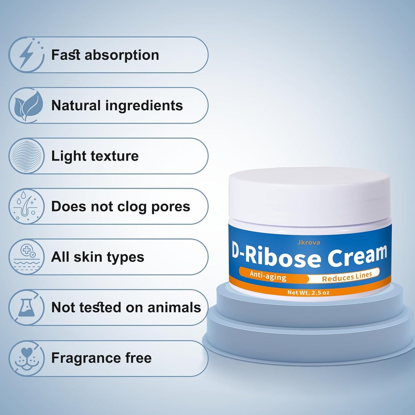 Ribose Cream, Ribose Sugar for Skin, Reduces Wrinkles, Moisturizer, Tightens & Firms the Skin, with D-Ribose Fractionated Coconut Oil and Grapeseed Oil, for All Skin Types, 2.5 oz