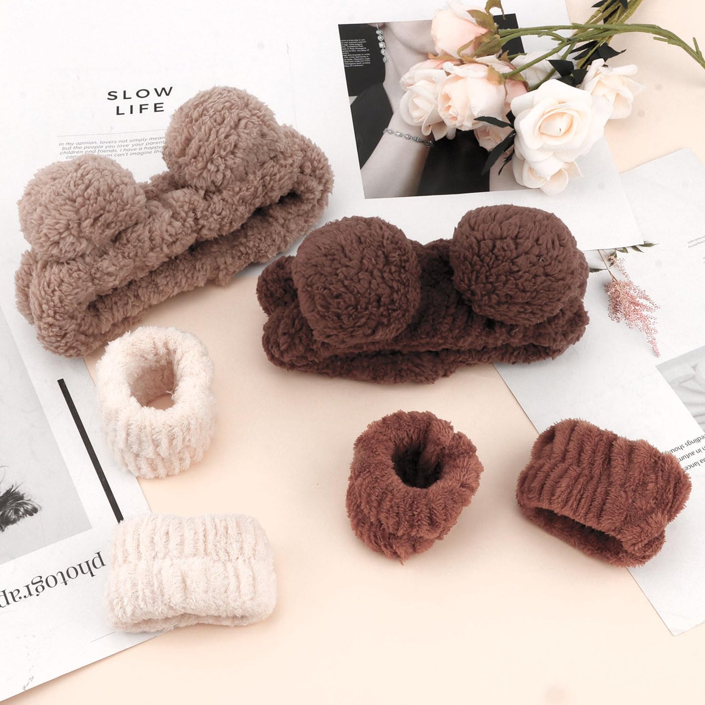 Atoden Bear Ears Spa Wristband Set - Cute Animal Skincare Headband for Washing Face - Fluffy Elastic Face Wash Hair Band for Women & Girls - Trendy Brown