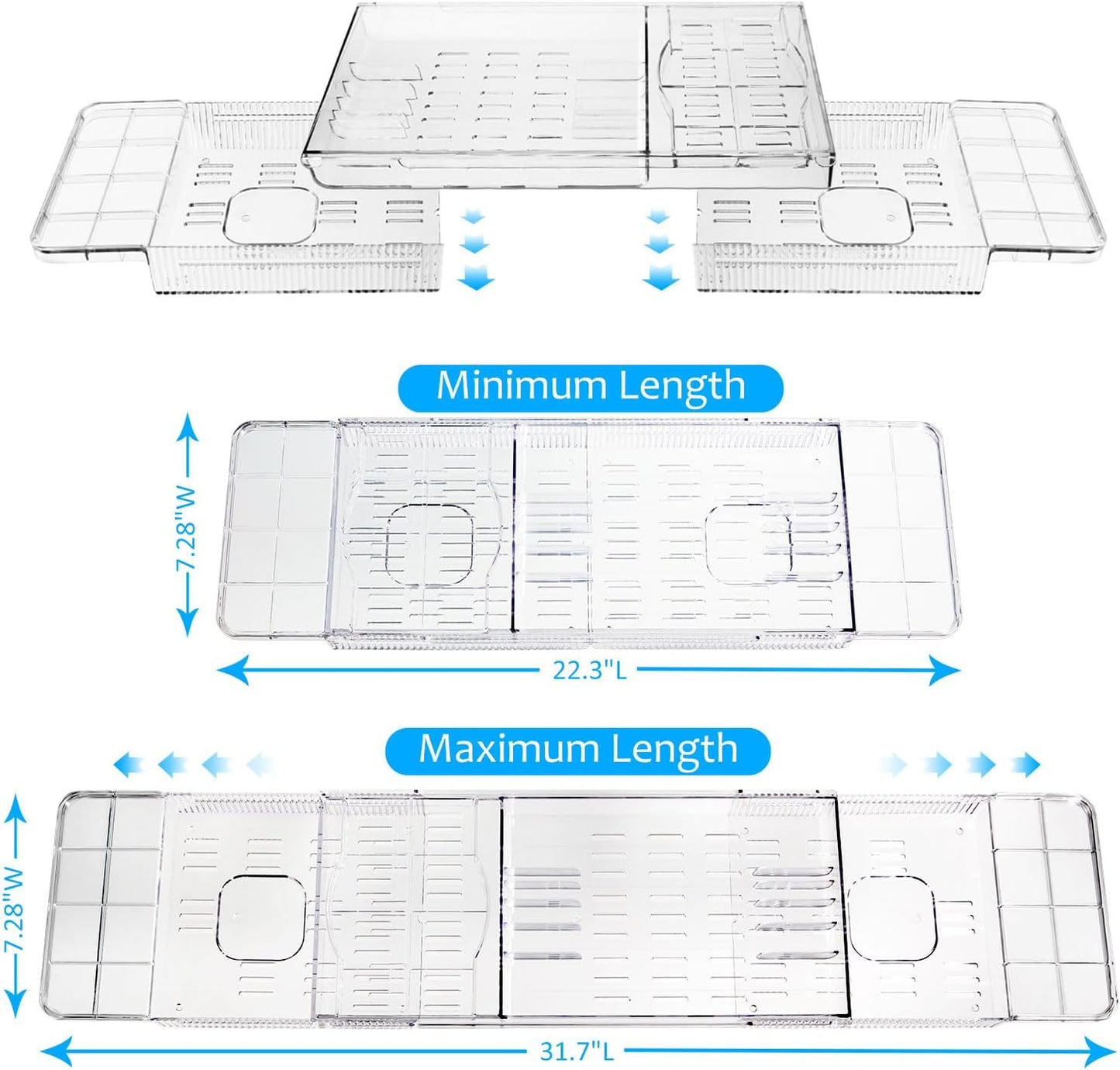 Expandable Bathtub Tray for Tub, Clear Acrylic Bath Caddy with Anti-Slip Design, Waterproof Bathroom Storage, Bath Organizer for Women, Fits Most Tubs up to 31.7" Ideal for Women and Adults