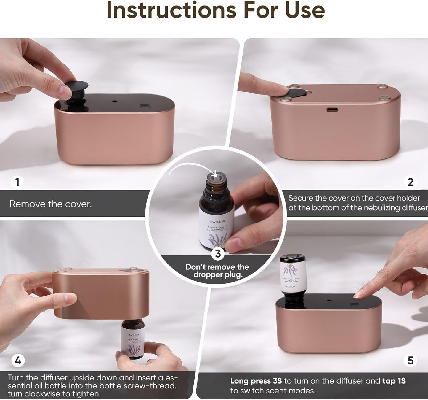 Lecdura Waterless Diffuser for Essential Oil, Battery Operated Scent Air Aromatherapy Diffuser, Mini Aroma Diffusers with 3 Intermittent Mist Modes, Cycle Start for Home Office Bedroom - Rose Gold