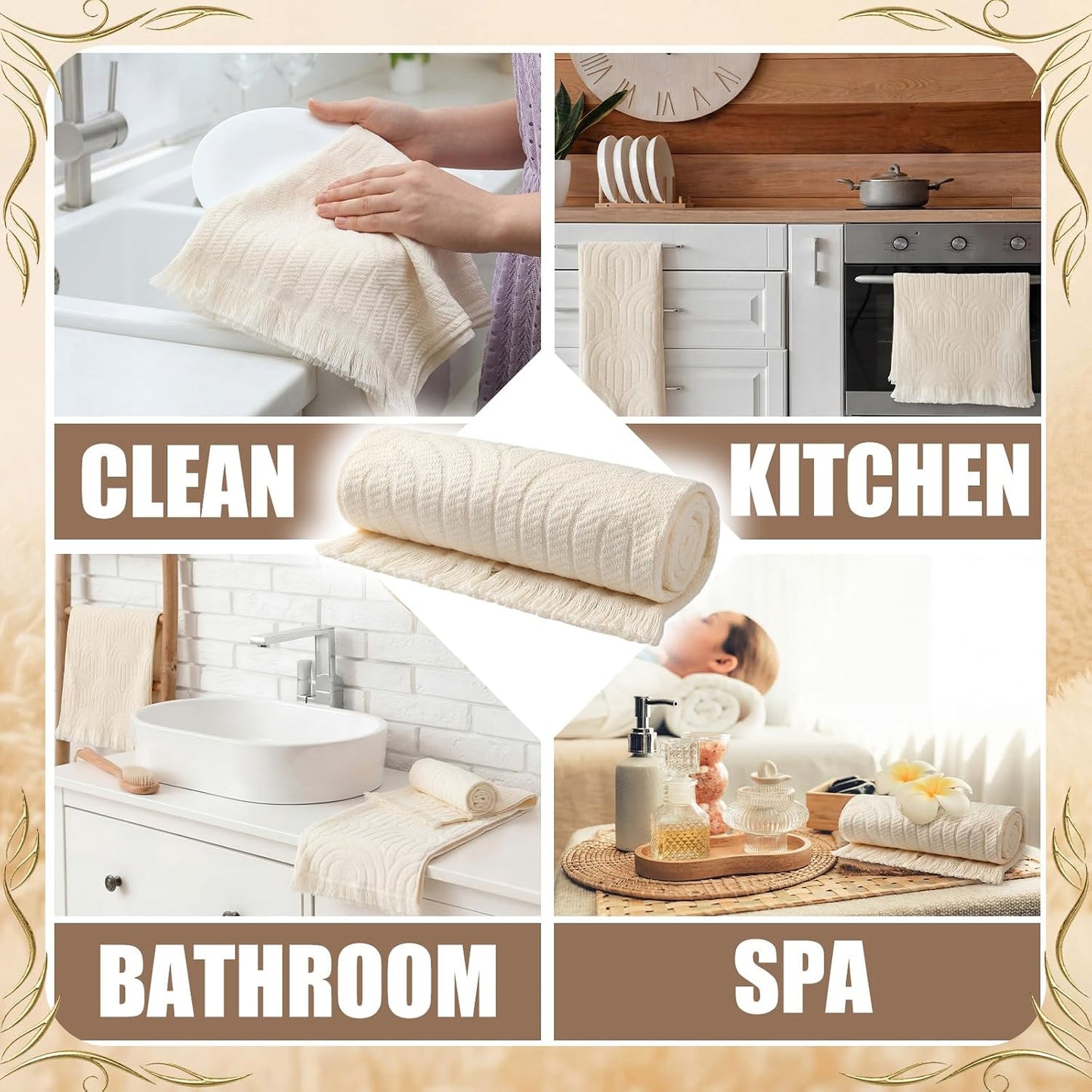 Tingjoo Decorative Hand Towels Bathroom 4 Pack Soft Boho Cotton Turkish Absorbent Face Towel Set for Boho Bathroom Decor Soft Kitchen Hotel Spa Farmhouse Guest Tea Gift(Beige)