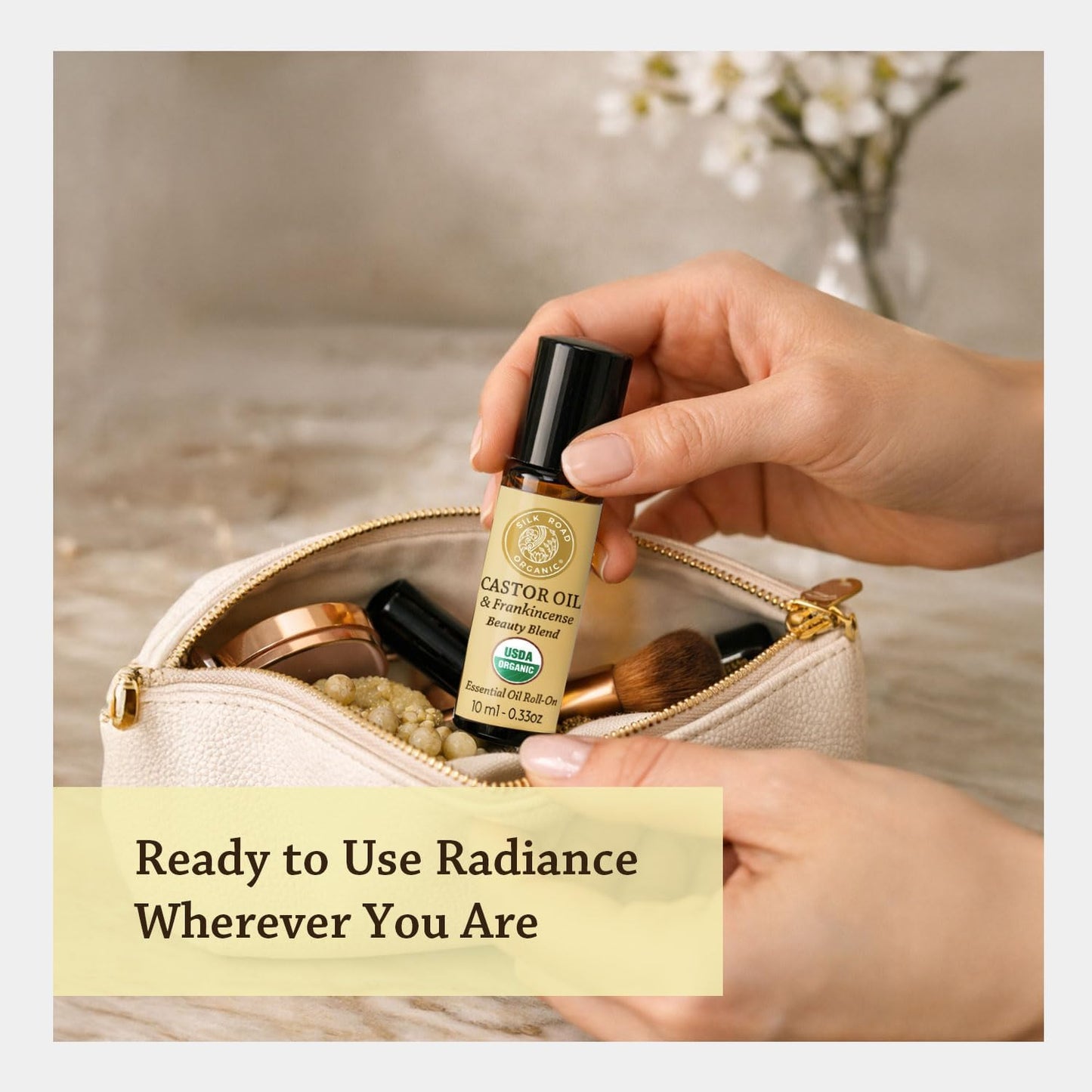 Silk Road Organic Castor Oil & Frankincense Essential Oil Under Eye Roll On for Bags, Dark Circles, Crows Feet, Fine Lines & Wrinkles | USDA Certified Aromatherapy for Delicate Eye Skin, 10ml Roller