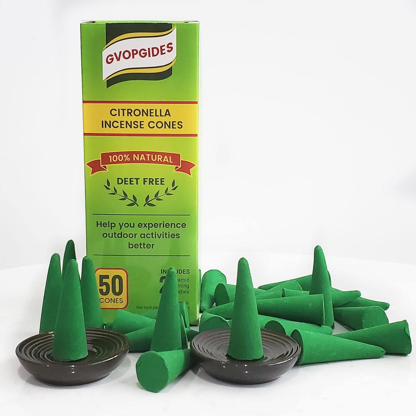 Citronella Incense Cones (50 Cones) Made with Plant Based Ingredients/Citronella Oil/Lemongrass/Rosemary Oil/Includes Ceramic Dishes